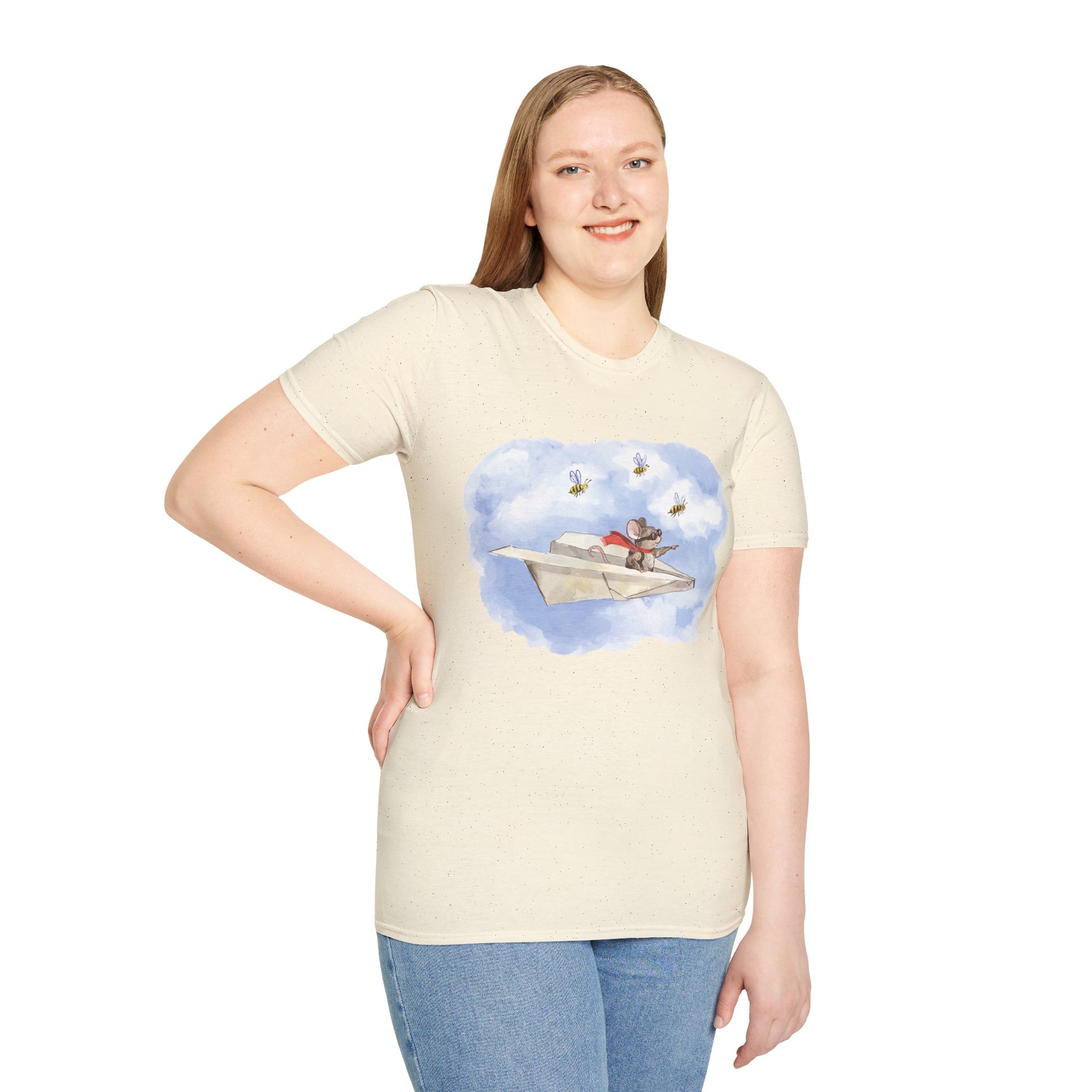 Mouse Flying Paper Plane T-Shirt, Unisex Soft-Style Tee with Bees in Blue Sky & Clouds, 100% Cotton, Lightweight, Durable