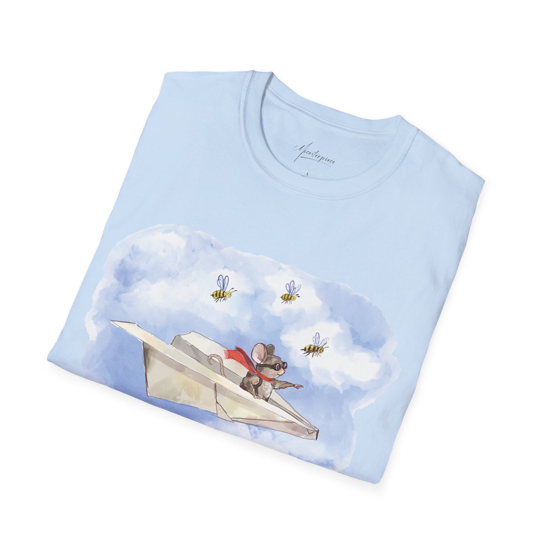 Mouse Flying Paper Plane T-Shirt, Unisex Soft-Style Tee with Bees in Blue Sky & Clouds, 100% Cotton, Lightweight, Durable