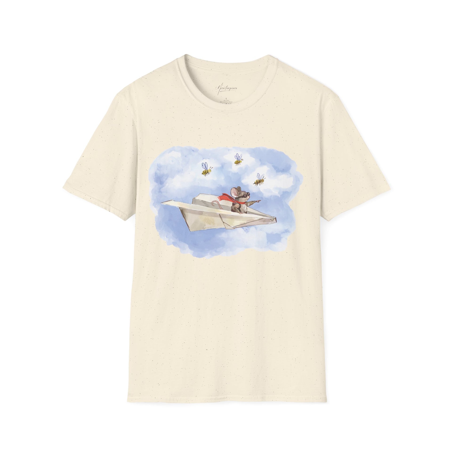 Mouse Flying Paper Plane T-Shirt, Unisex Soft-Style Tee with Bees in Blue Sky & Clouds, 100% Cotton, Lightweight, Durable