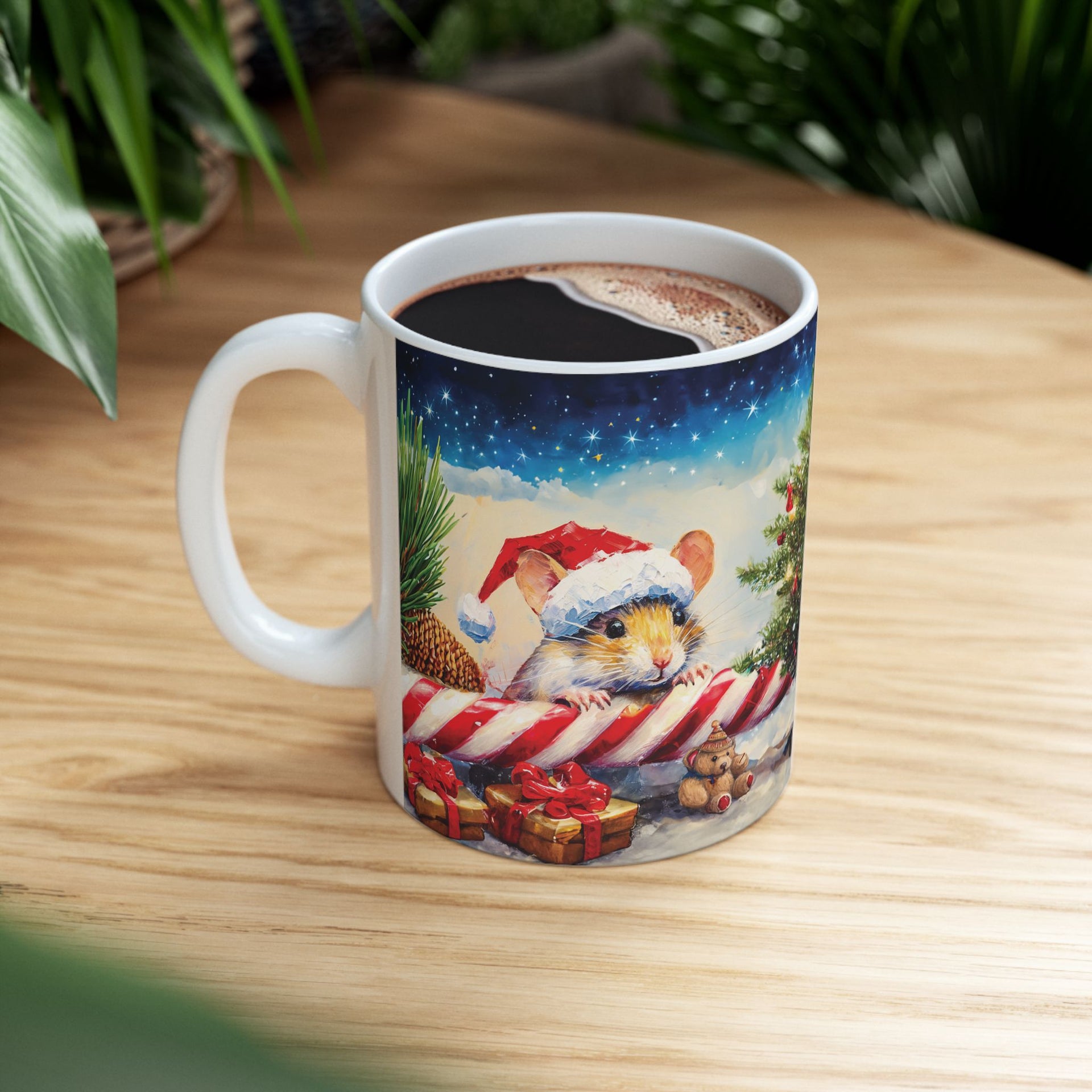 Christmas Mouse on Candy Cane Mug – 11oz Custom Ceramic Coffee Mug with Festive Design – BPA Free, Dishwasher & Microwave Safe – Perfect Holiday Gift
