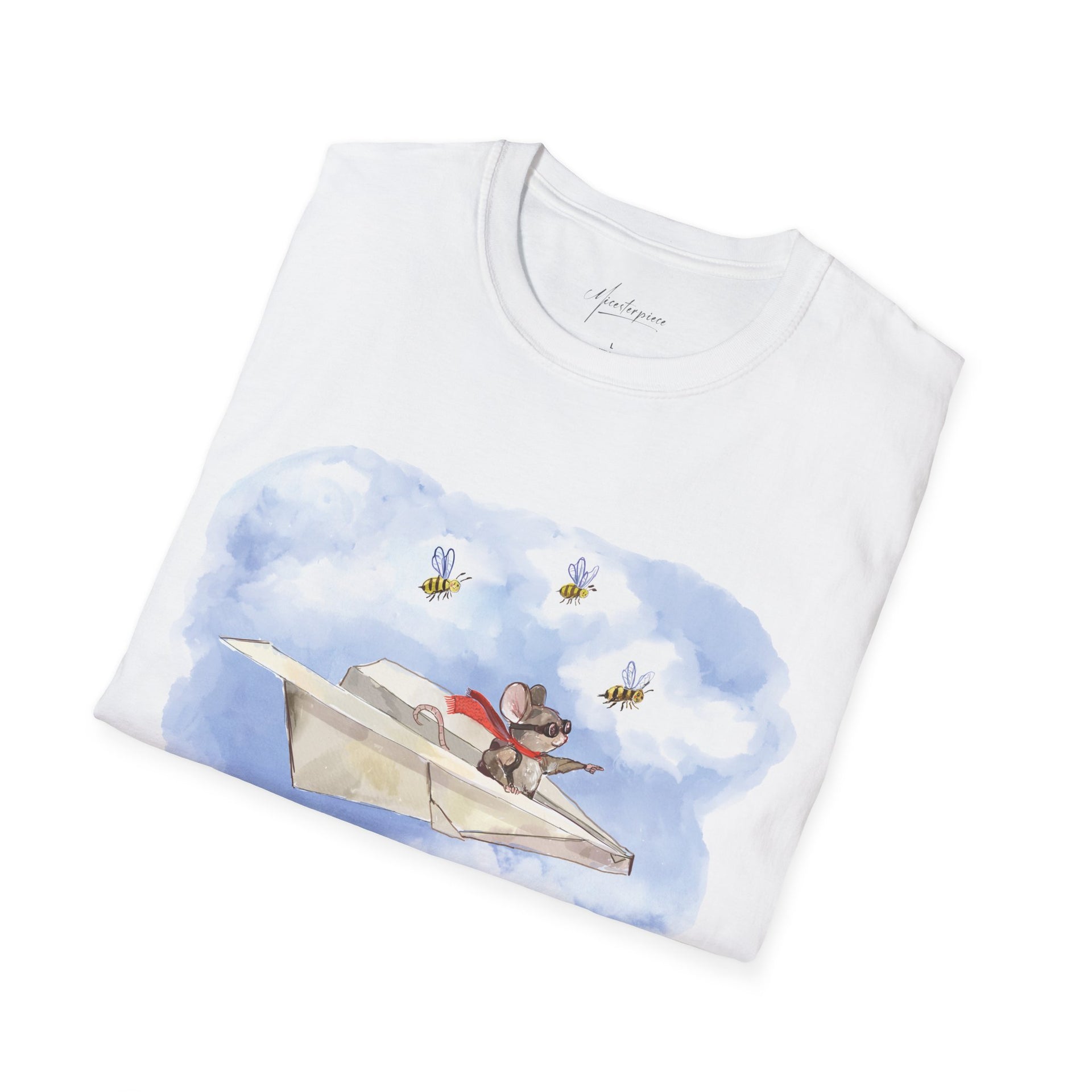 Mouse Flying Paper Plane T-Shirt, Unisex Soft-Style Tee with Bees in Blue Sky & Clouds, 100% Cotton, Lightweight, Durable