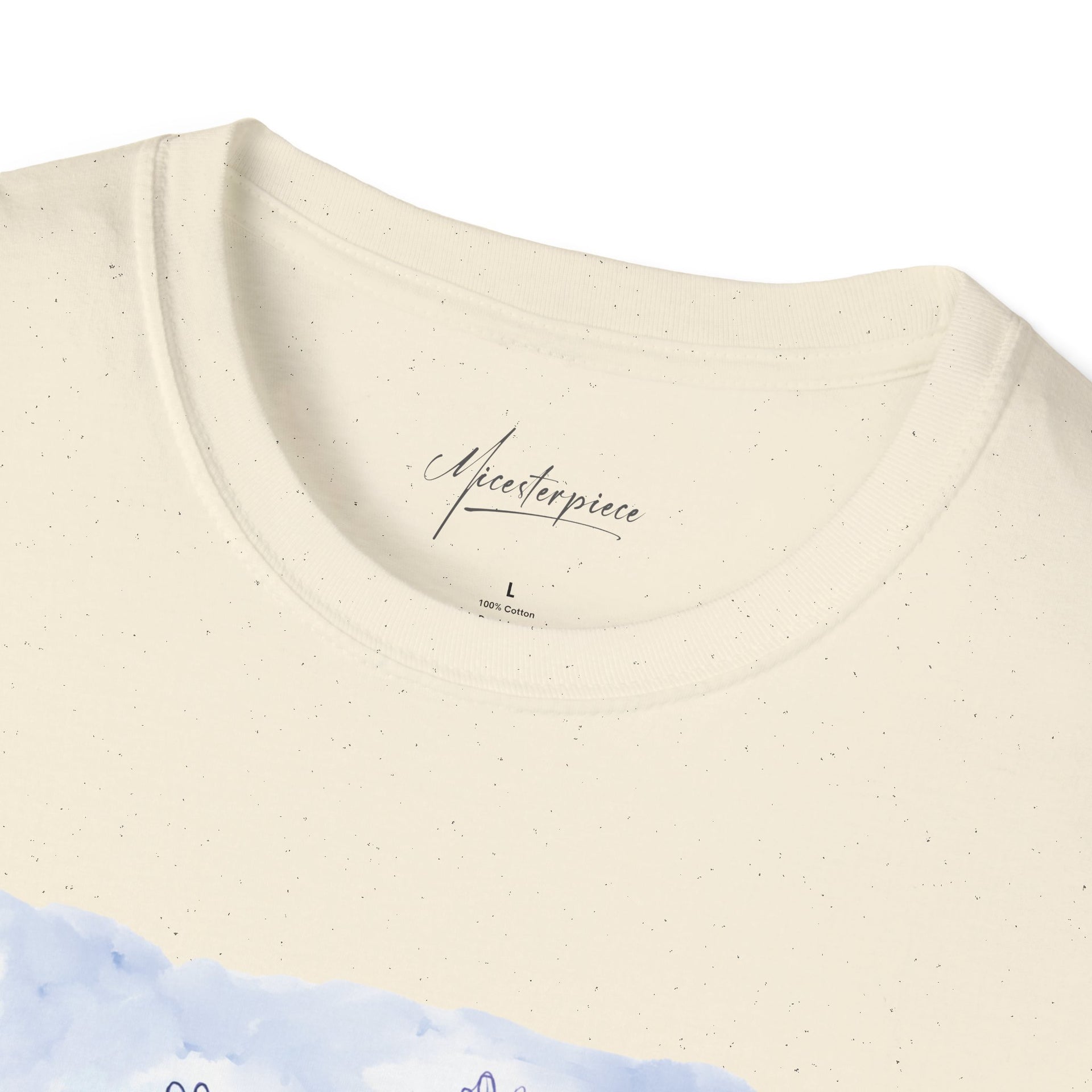 Mouse Flying Paper Plane T-Shirt, Unisex Soft-Style Tee with Bees in Blue Sky & Clouds, 100% Cotton, Lightweight, Durable