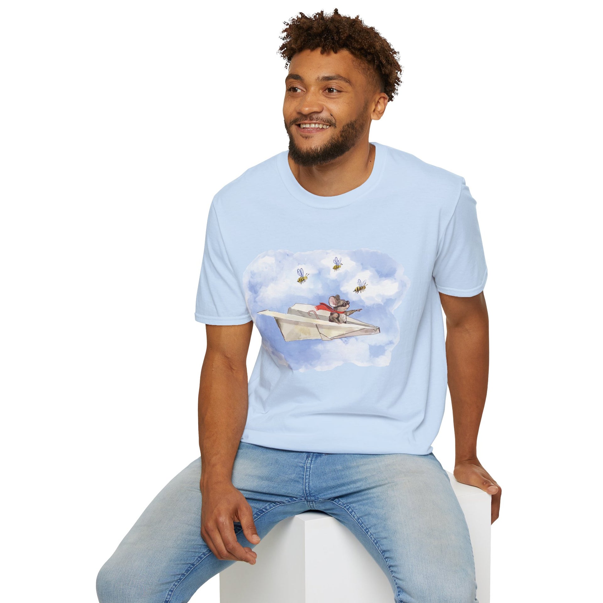 Mouse Flying Paper Plane T-Shirt, Unisex Soft-Style Tee with Bees in Blue Sky & Clouds, 100% Cotton, Lightweight, Durable