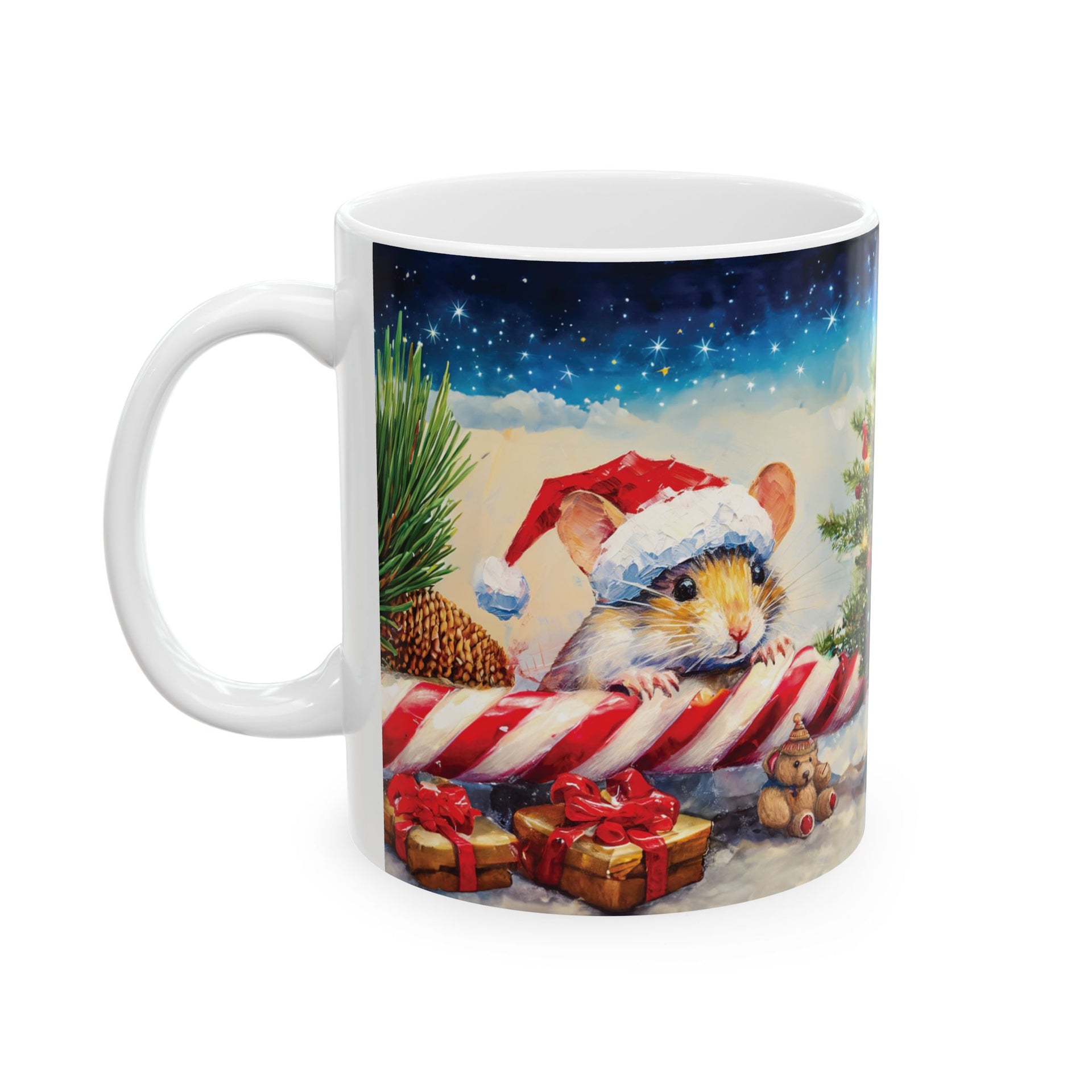 Christmas Mouse on Candy Cane Mug – 11oz Custom Ceramic Coffee Mug with Festive Design – BPA Free, Dishwasher & Microwave Safe – Perfect Holiday Gift