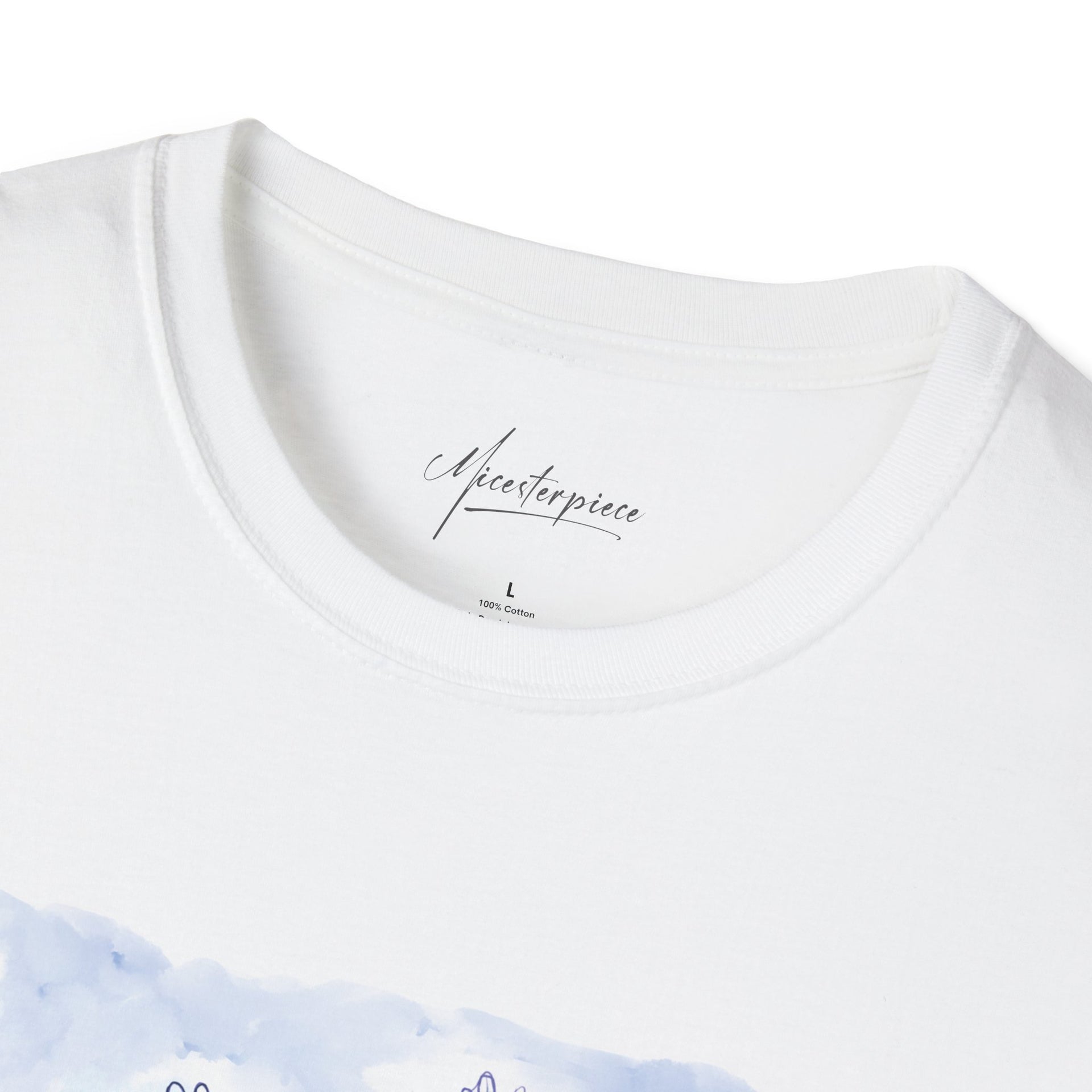Mouse Flying Paper Plane T-Shirt, Unisex Soft-Style Tee with Bees in Blue Sky & Clouds, 100% Cotton, Lightweight, Durable
