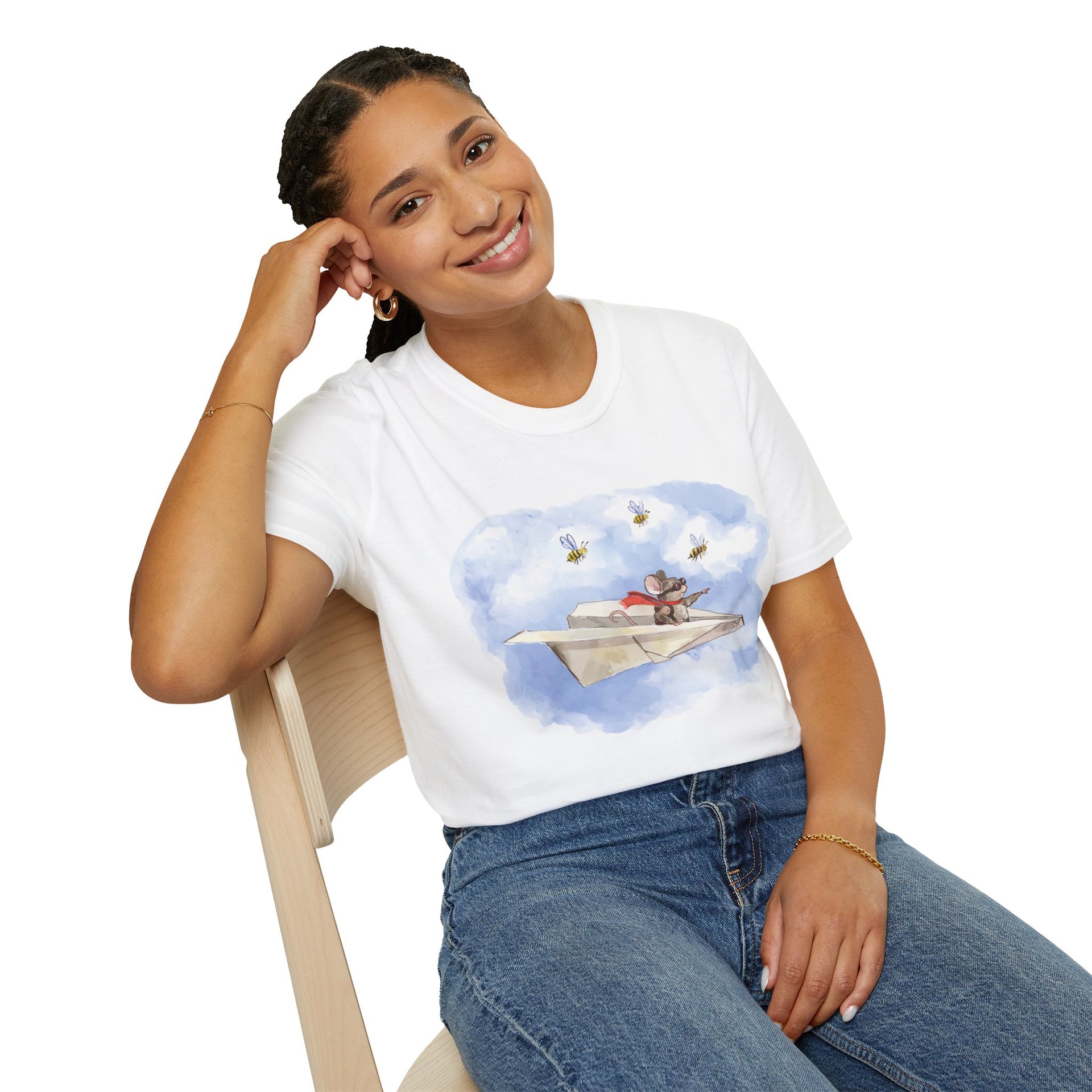 Mouse Flying Paper Plane T-Shirt, Unisex Soft-Style Tee with Bees in Blue Sky & Clouds, 100% Cotton, Lightweight, Durable