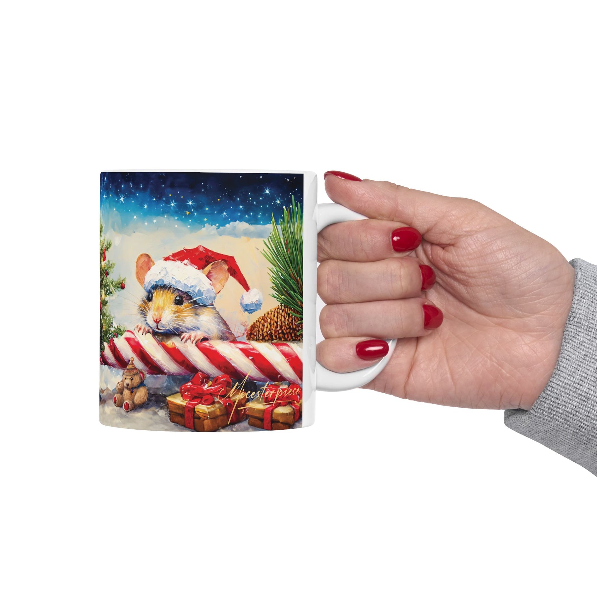 Christmas Mouse on Candy Cane Mug – 11oz Custom Ceramic Coffee Mug with Festive Design – BPA Free, Dishwasher & Microwave Safe – Perfect Holiday Gift