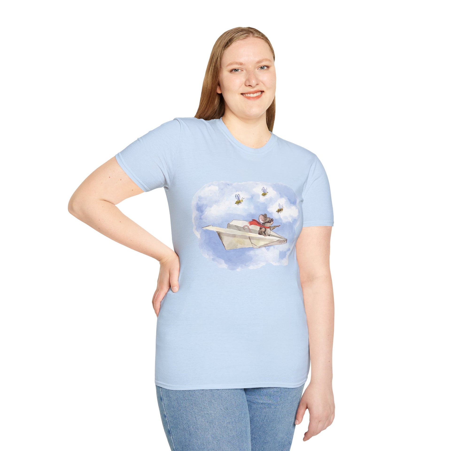 Mouse Flying Paper Plane T-Shirt, Unisex Soft-Style Tee with Bees in Blue Sky & Clouds, 100% Cotton, Lightweight, Durable