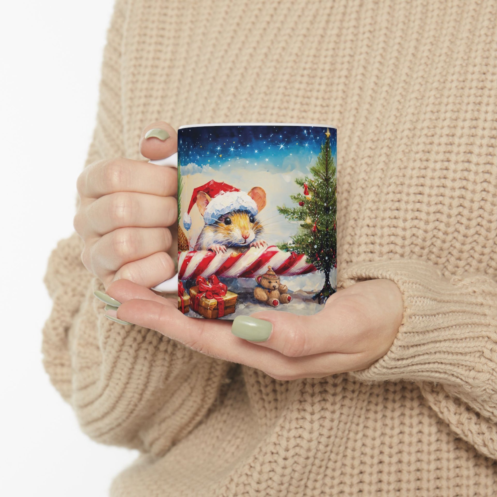 Christmas Mouse on Candy Cane Mug – 11oz Custom Ceramic Coffee Mug with Festive Design – BPA Free, Dishwasher & Microwave Safe – Perfect Holiday Gift