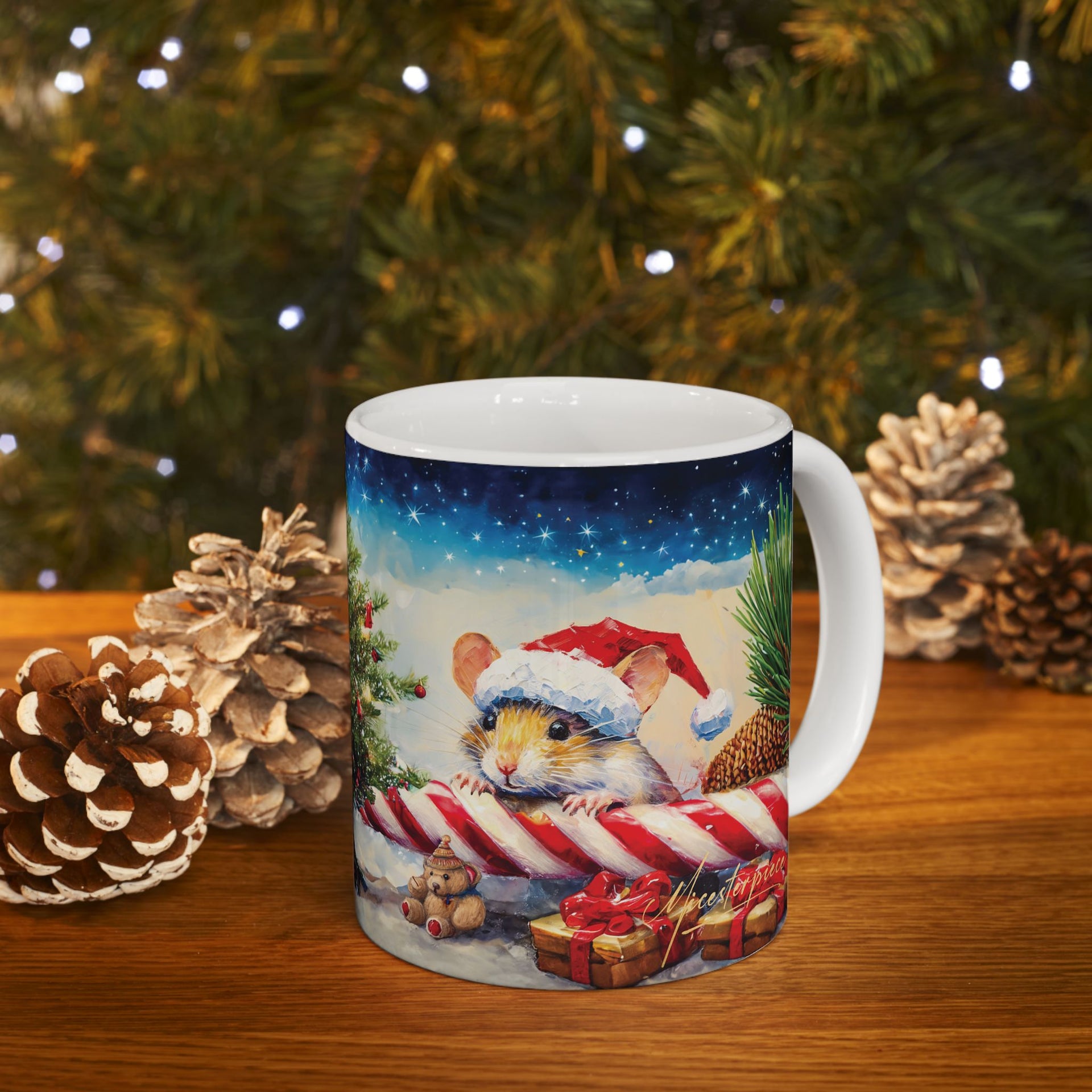 Christmas Mouse on Candy Cane Mug – 11oz Custom Ceramic Coffee Mug with Festive Design – BPA Free, Dishwasher & Microwave Safe – Perfect Holiday Gift