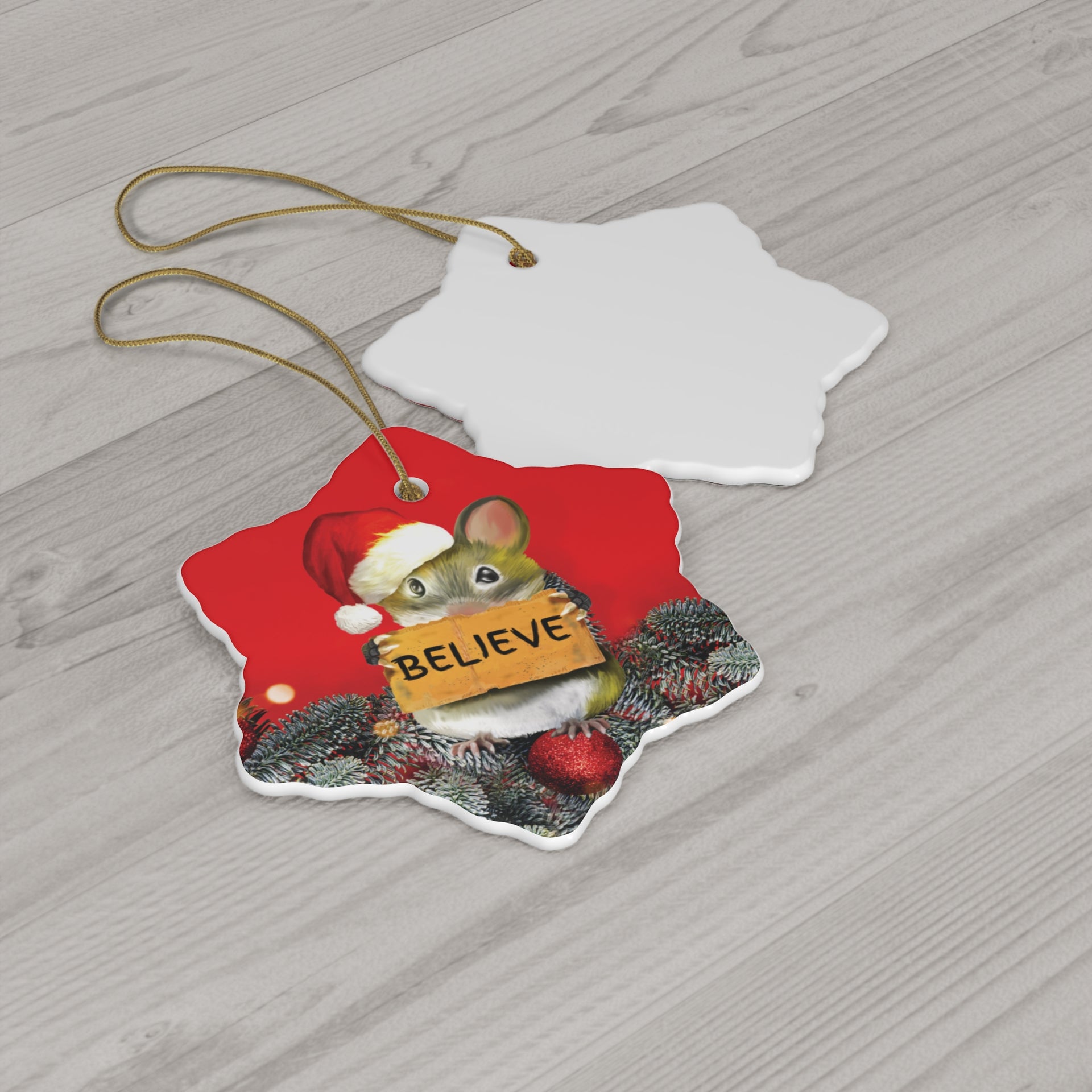 Christmas Mouse Believes in Santa Ornament – Custom Ceramic Tree Decoration in 2 Shapes – Festive Heirloom Holiday Décor