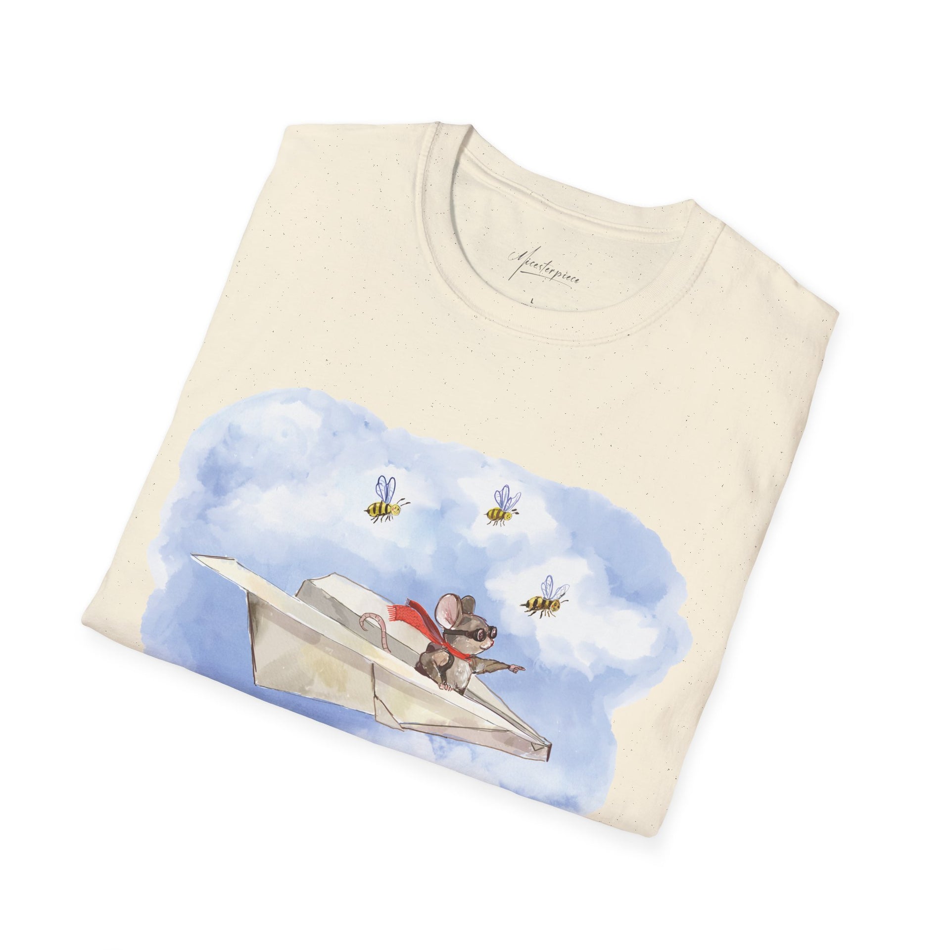 Mouse Flying Paper Plane T-Shirt, Unisex Soft-Style Tee with Bees in Blue Sky & Clouds, 100% Cotton, Lightweight, Durable