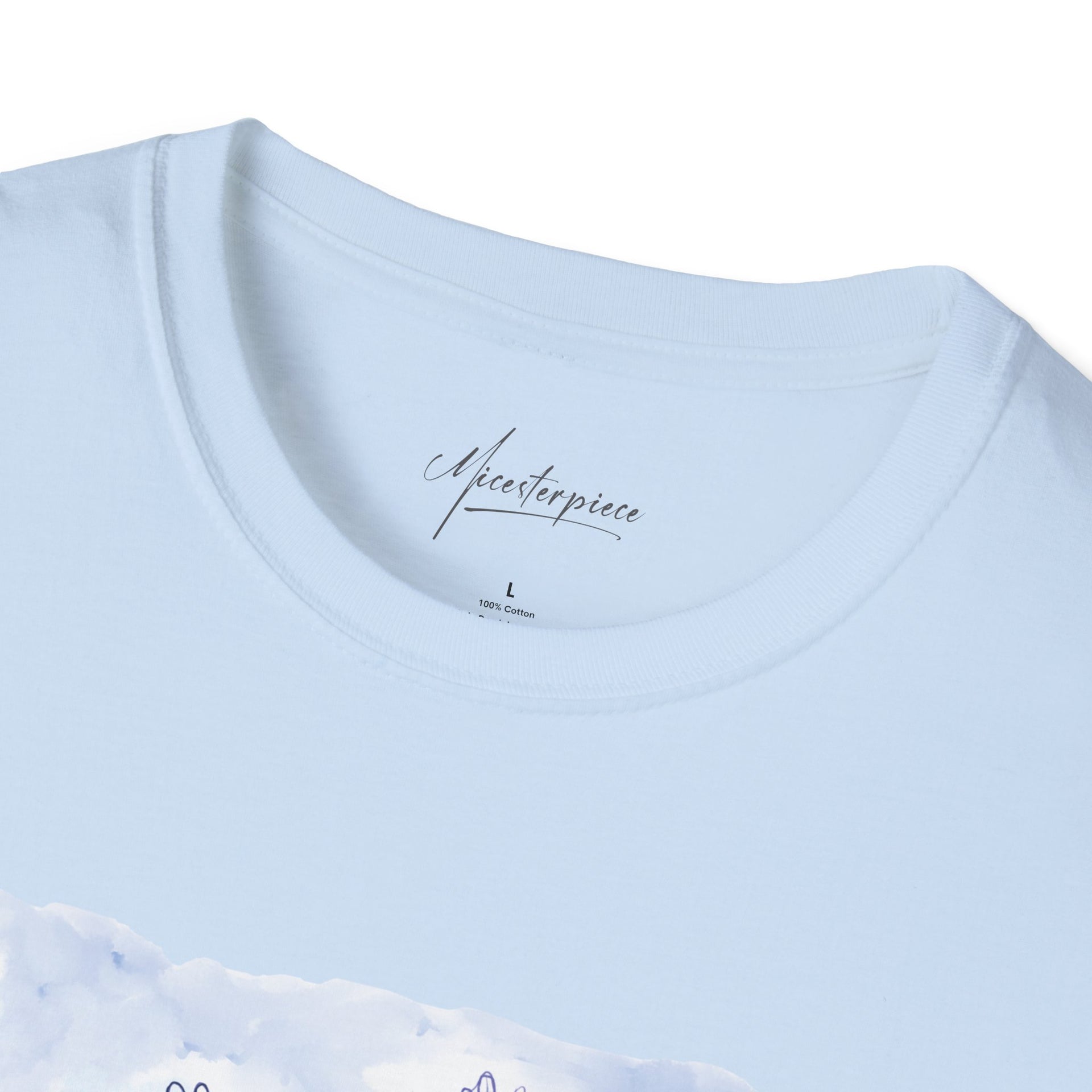 Mouse Flying Paper Plane T-Shirt, Unisex Soft-Style Tee with Bees in Blue Sky & Clouds, 100% Cotton, Lightweight, Durable