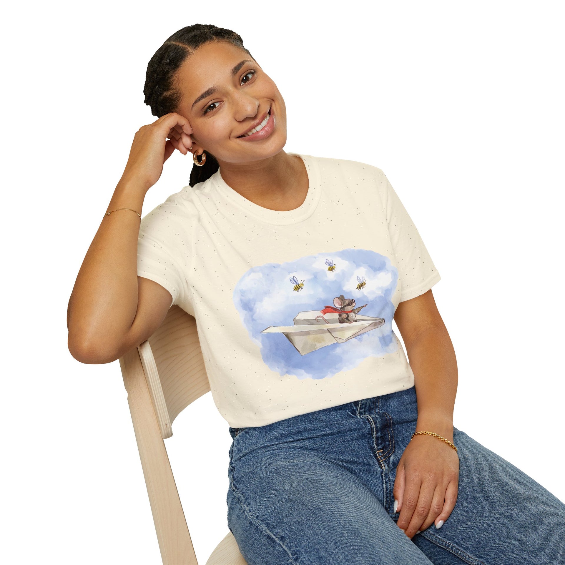 Mouse Flying Paper Plane T-Shirt, Unisex Soft-Style Tee with Bees in Blue Sky & Clouds, 100% Cotton, Lightweight, Durable