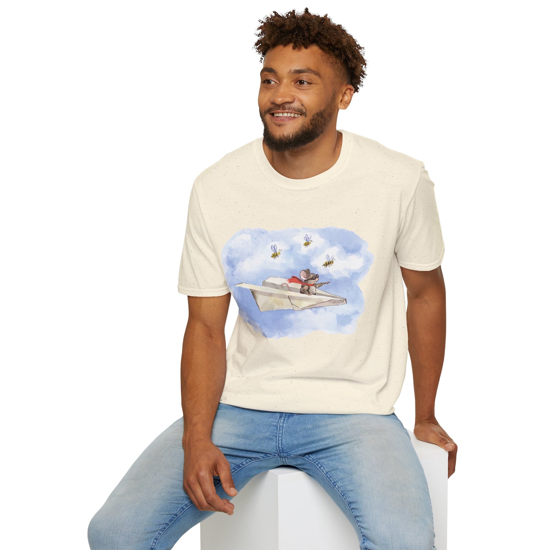 Mouse Flying Paper Plane T-Shirt, Unisex Soft-Style Tee with Bees in Blue Sky & Clouds, 100% Cotton, Lightweight, Durable