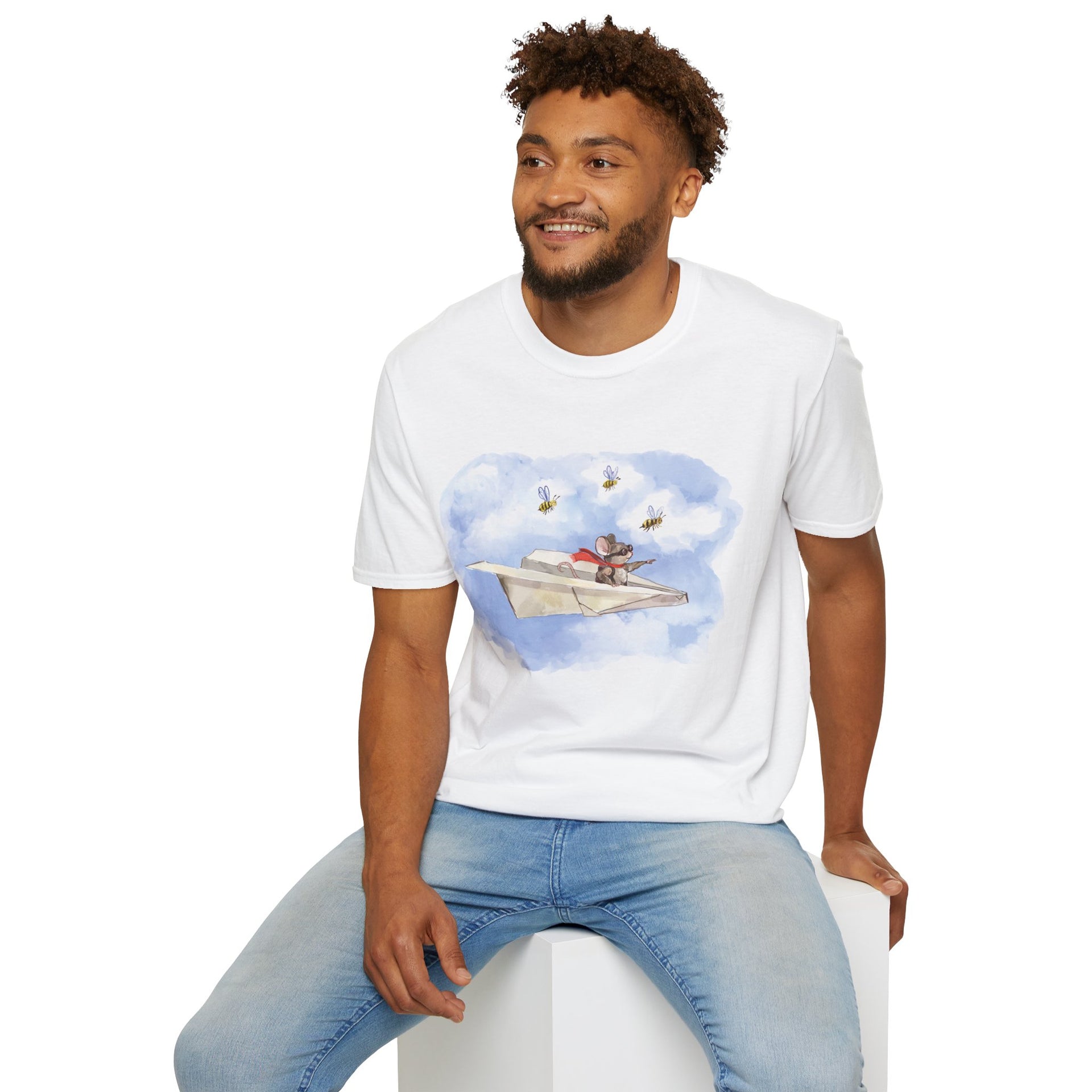 Mouse Flying Paper Plane T-Shirt, Unisex Soft-Style Tee with Bees in Blue Sky & Clouds, 100% Cotton, Lightweight, Durable