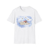 Mouse Flying Paper Plane T-Shirt, Unisex Soft-Style Tee with Bees in Blue Sky & Clouds, 100% Cotton, Lightweight, Durable