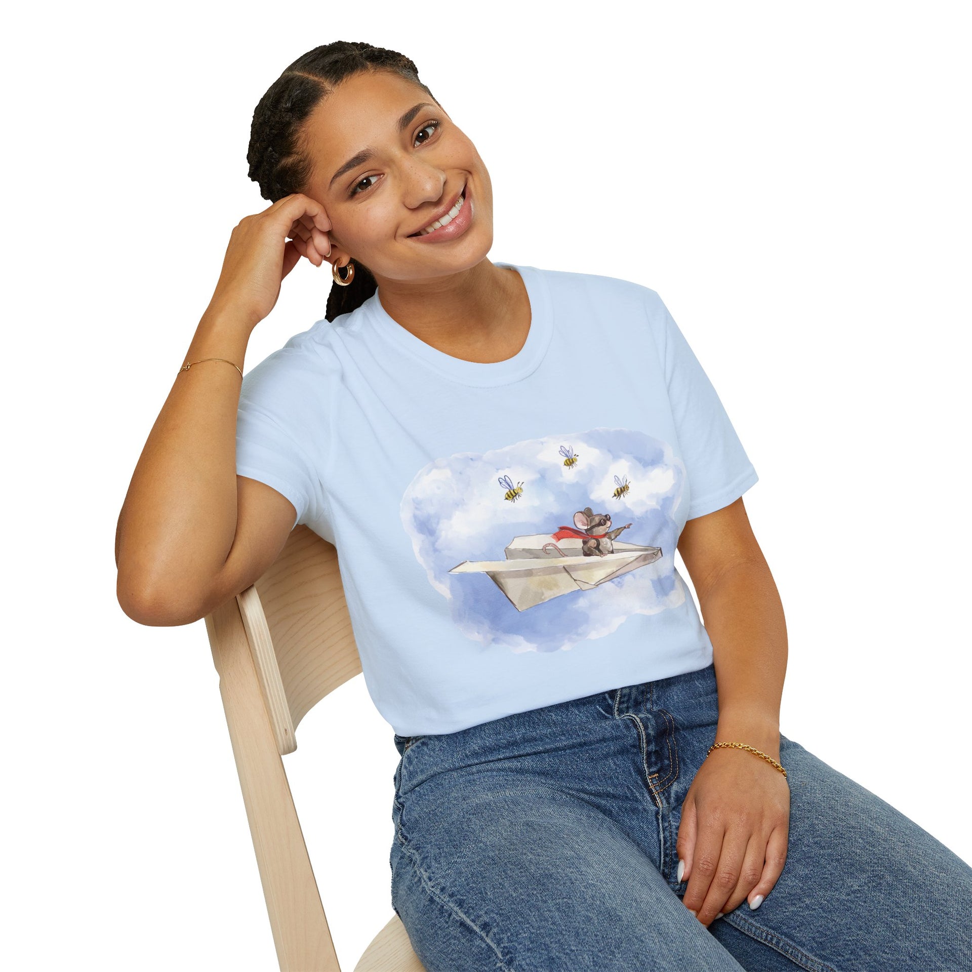 Mouse Flying Paper Plane T-Shirt, Unisex Soft-Style Tee with Bees in Blue Sky & Clouds, 100% Cotton, Lightweight, Durable