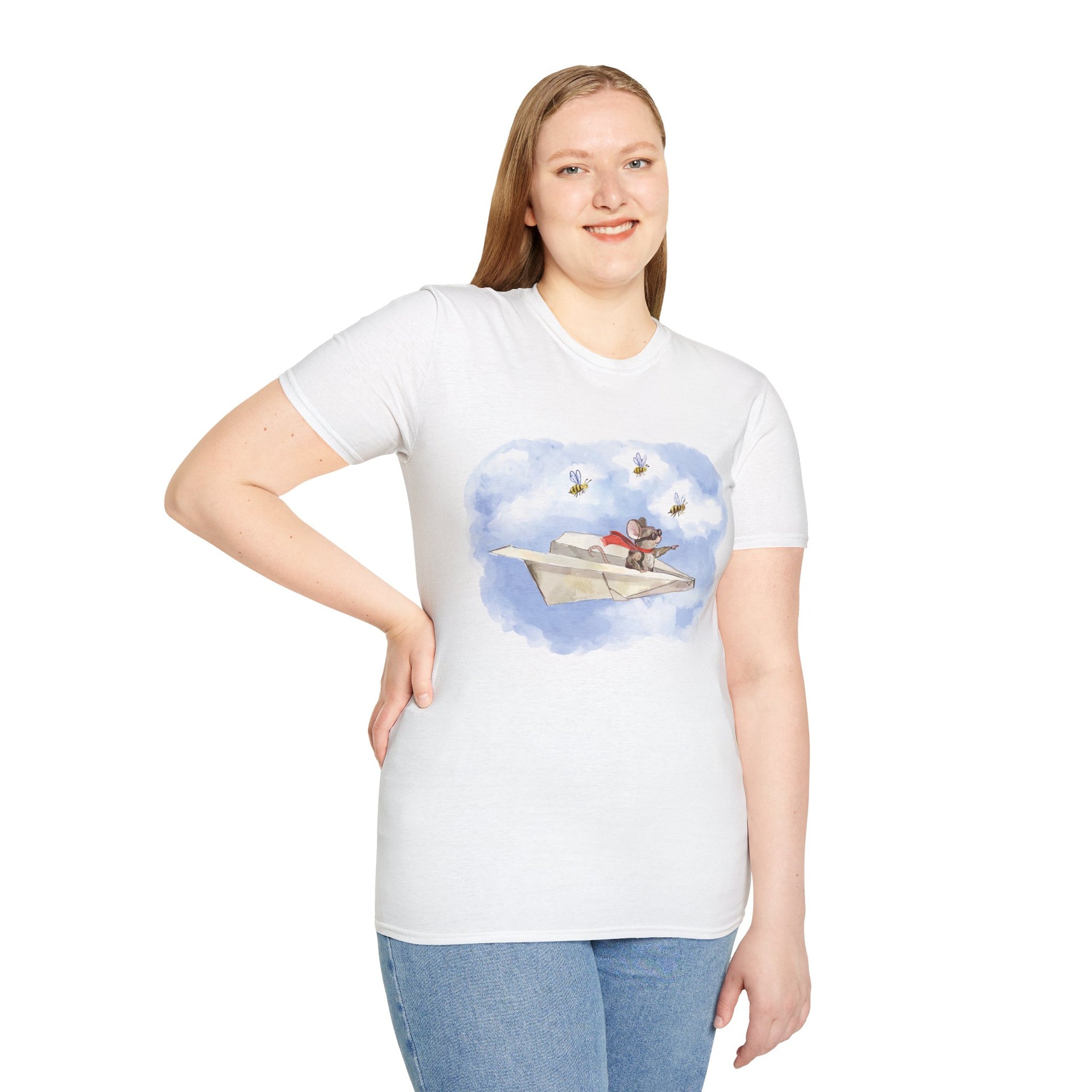 Mouse Flying Paper Plane T-Shirt, Unisex Soft-Style Tee with Bees in Blue Sky & Clouds, 100% Cotton, Lightweight, Durable