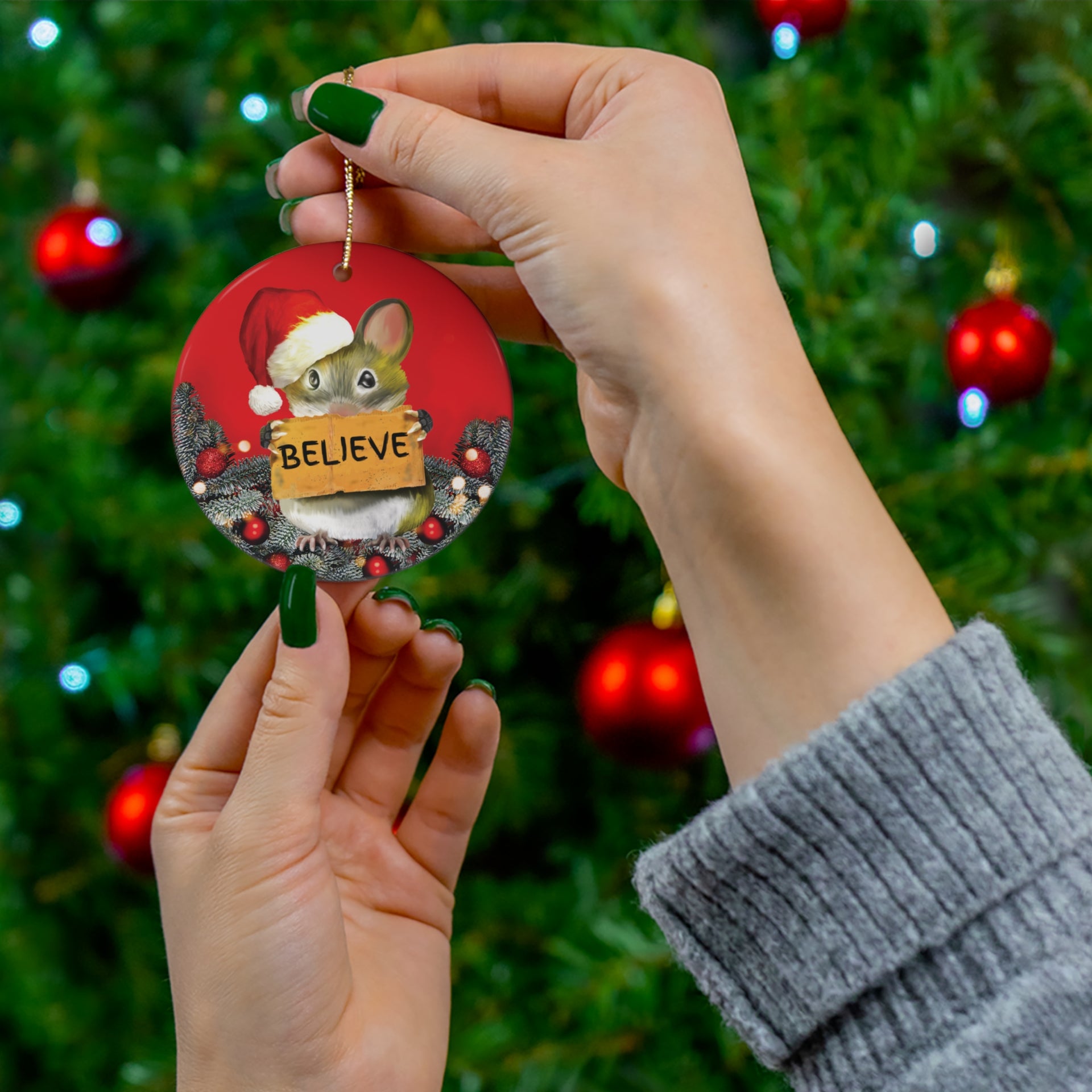 Christmas Mouse Believes in Santa Ornament – Custom Ceramic Tree Decoration in 2 Shapes – Festive Heirloom Holiday Décor