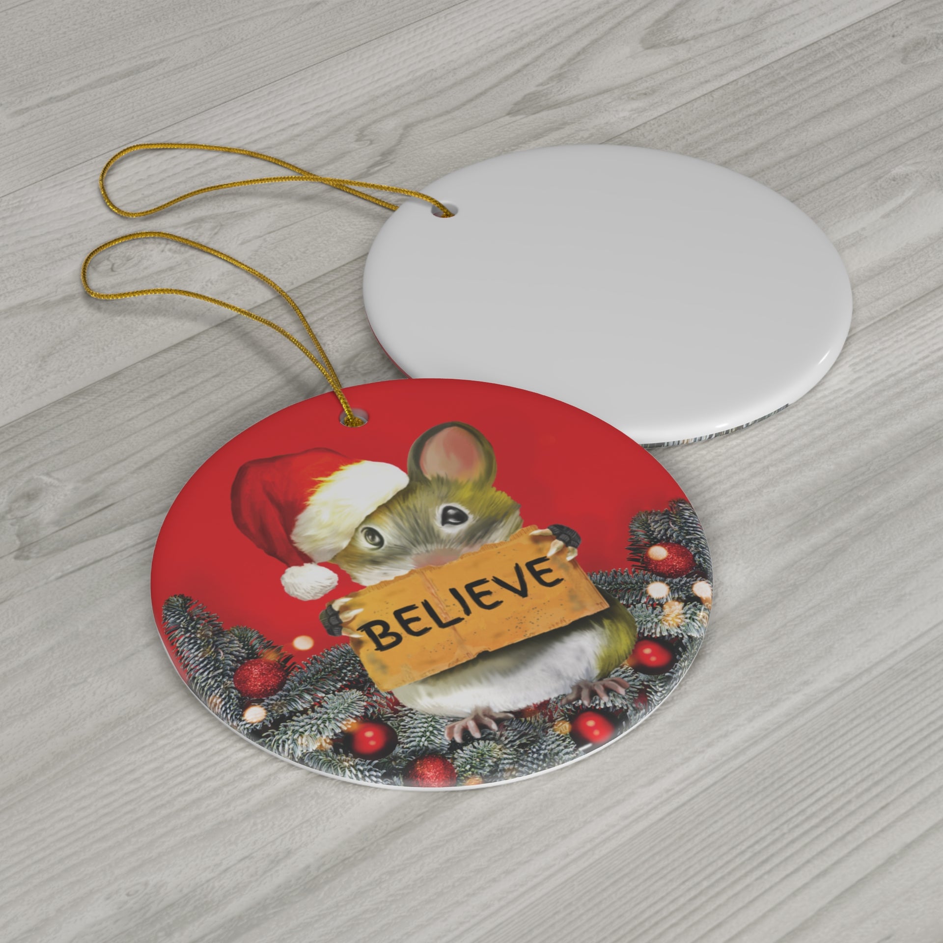 Christmas Mouse Believes in Santa Ornament – Custom Ceramic Tree Decoration in 2 Shapes – Festive Heirloom Holiday Décor