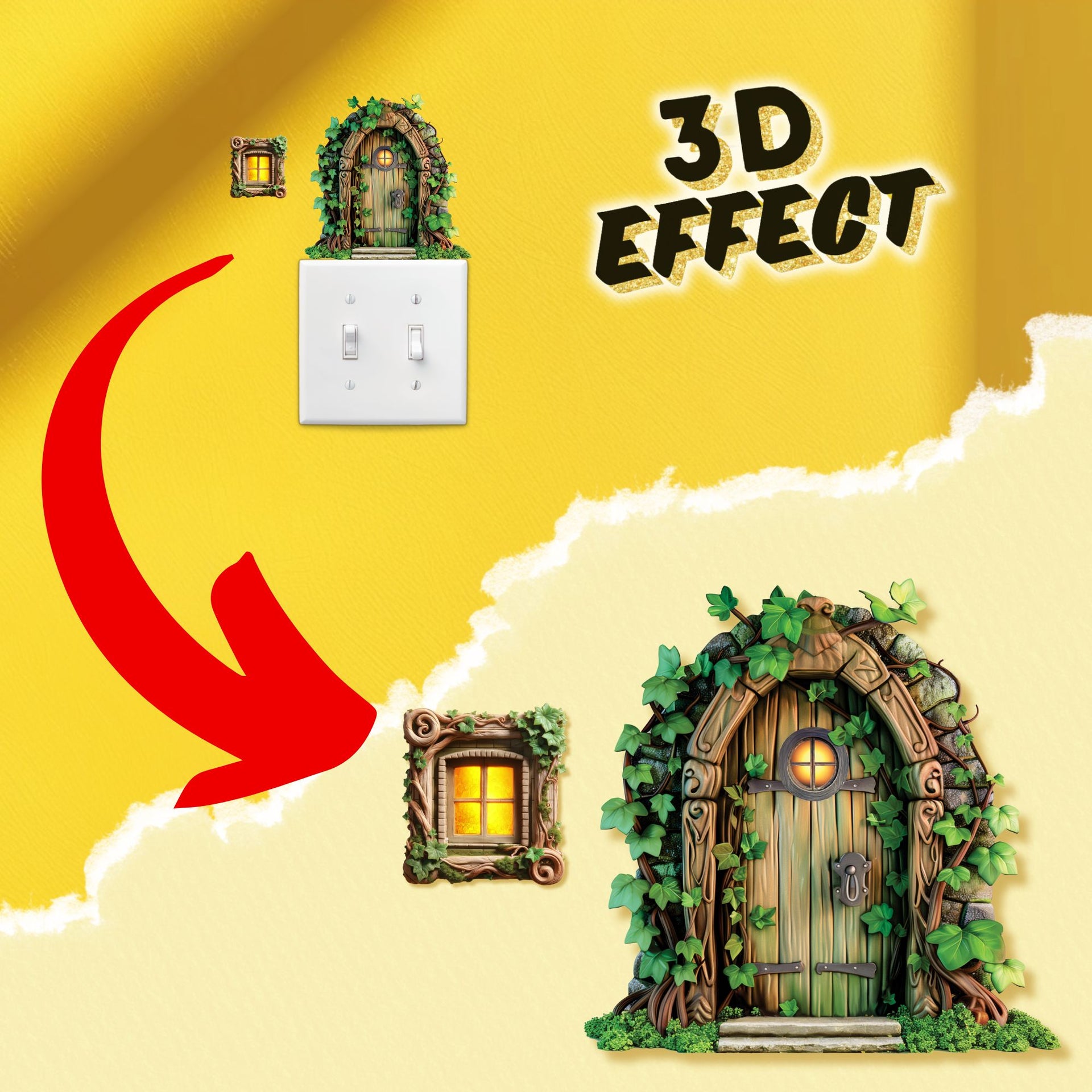 Whimsical Enchanted Door 3D Wall Sticker - Fairy Tale - 3D Door Mural - Nursery Decor - Kids Room Wall Art - Fantasy Wall Decal - Removable