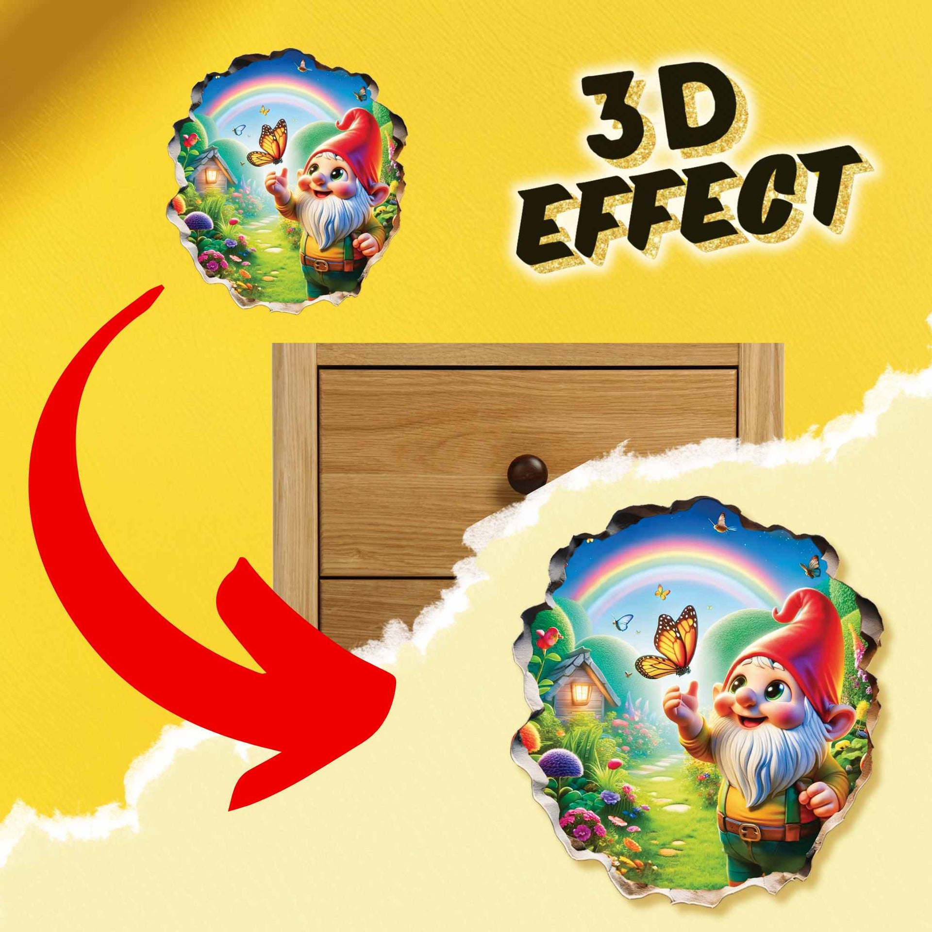 3D Garden Gnome Wall Sticker - Whimsical Fairy Tale Wall Decal - Kids Room & Playroom Decor - Cute Nursery Art - Enchanted Garden Mural