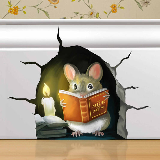 Mouse reading book cracked wall 3D wall sticker vinyl decal