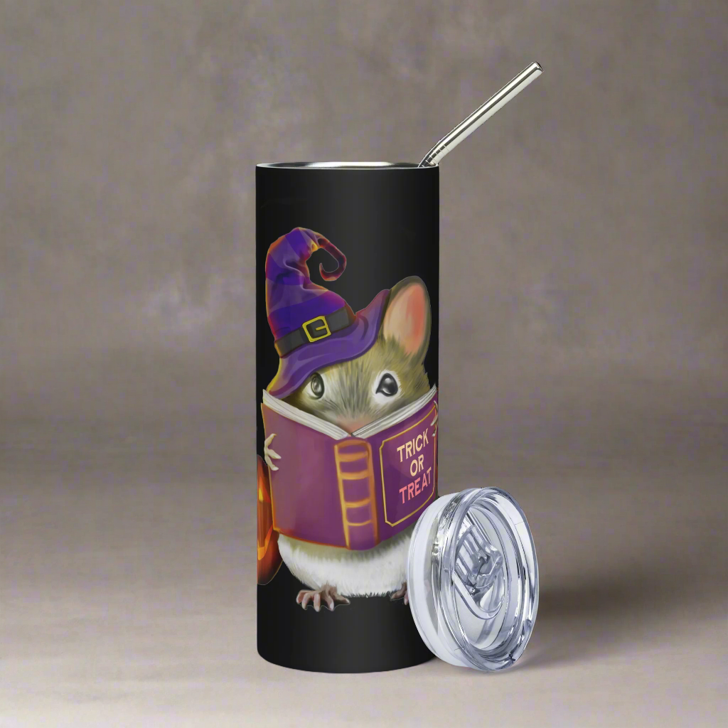 Stainless Steel Tumbler with Adorable Halloween Mouse Design | 20 oz Reusable Travel Mug with Straw