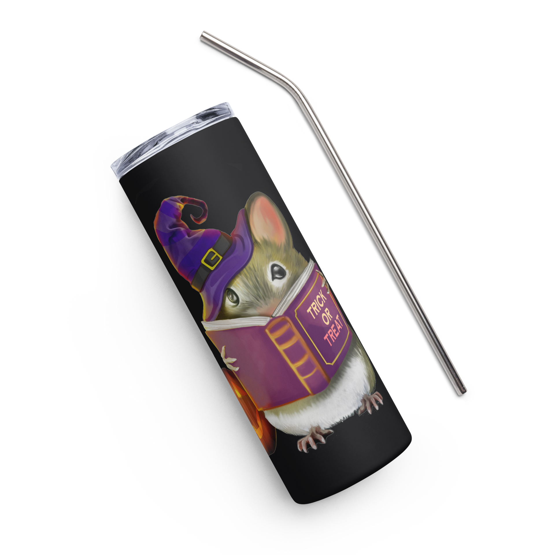 Stainless Steel Tumbler with Adorable Halloween Mouse Design | 20 oz Reusable Travel Mug with Straw