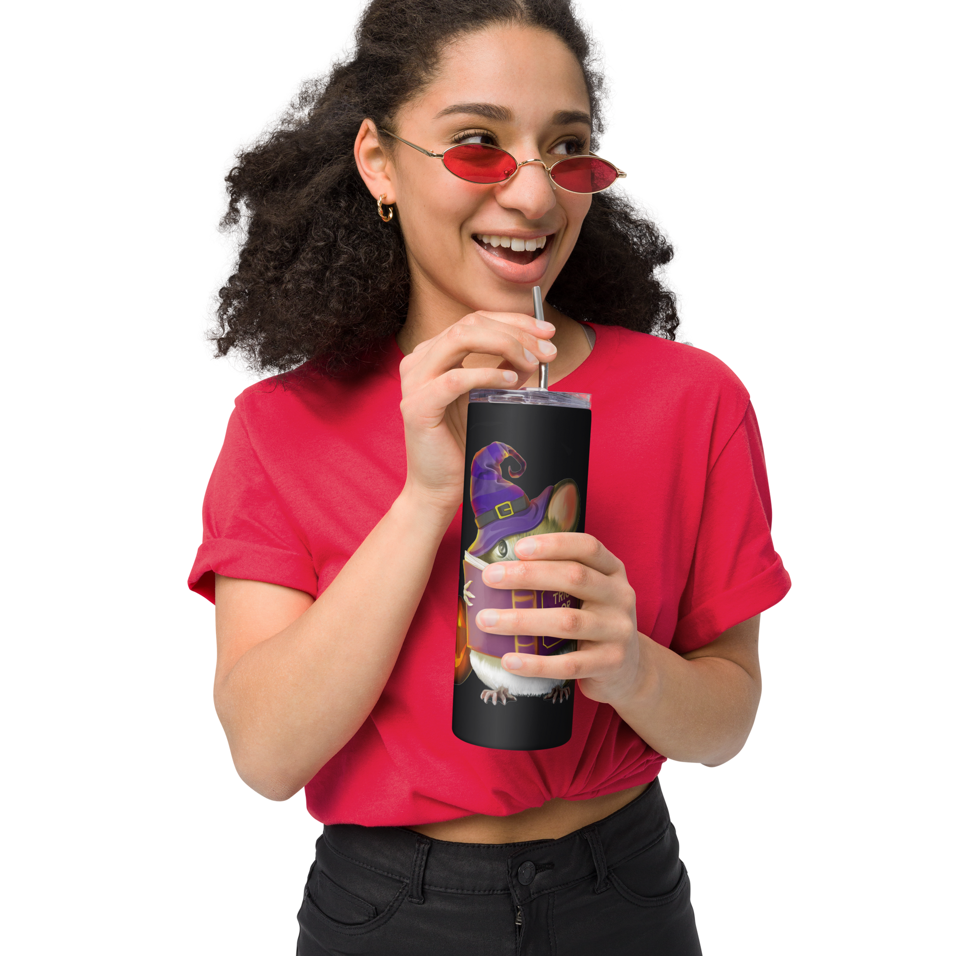 Stainless Steel Tumbler with Adorable Halloween Mouse Design | 20 oz Reusable Travel Mug with Straw