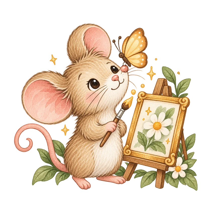 Watercolor mouse painting beside a butterfly