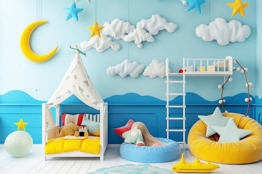 Childrens room with clouds, moon, and creative decor ideas