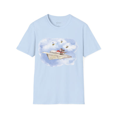 Mouse Flying Paper Plane T-Shirt, Unisex Soft-Style Tee with Bees in Blue Sky & Clouds, 100% Cotton, Lightweight, Durable