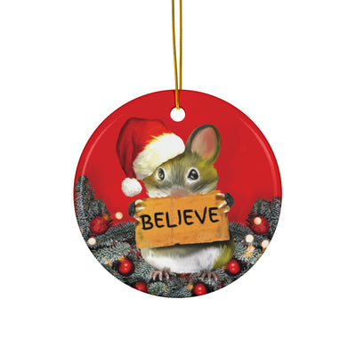 Christmas Mouse Believes in Santa Ornament – Custom Ceramic Tree Decoration in 2 Shapes – Festive Heirloom Holiday Décor