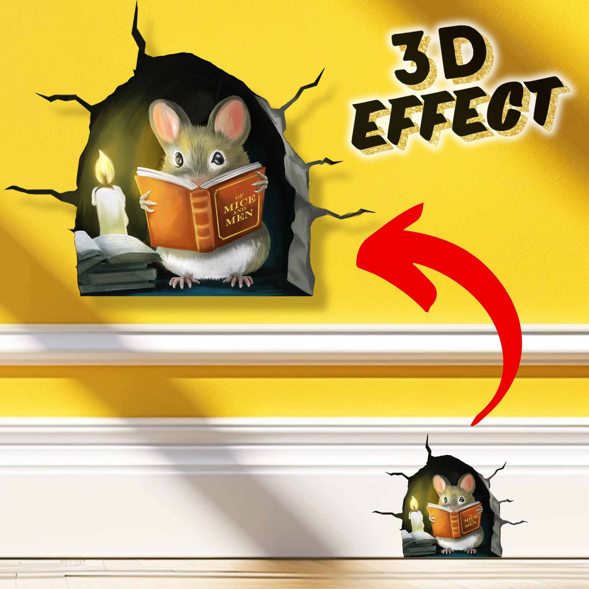 Mouse reading book cracked wall 3D wall sticker vinyl decal
