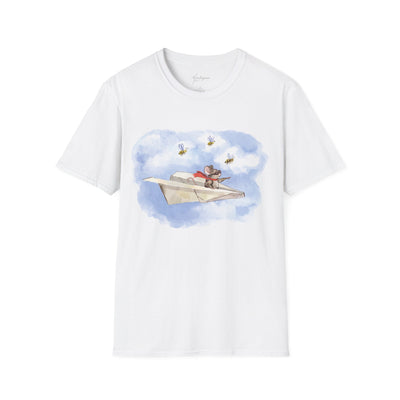 Mouse Flying Paper Plane T-Shirt, Unisex Soft-Style Tee with Bees in Blue Sky & Clouds, 100% Cotton, Lightweight, Durable