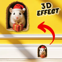 3D effect Christmas decal of a rat with a Santa hat and gift on a yellow background.