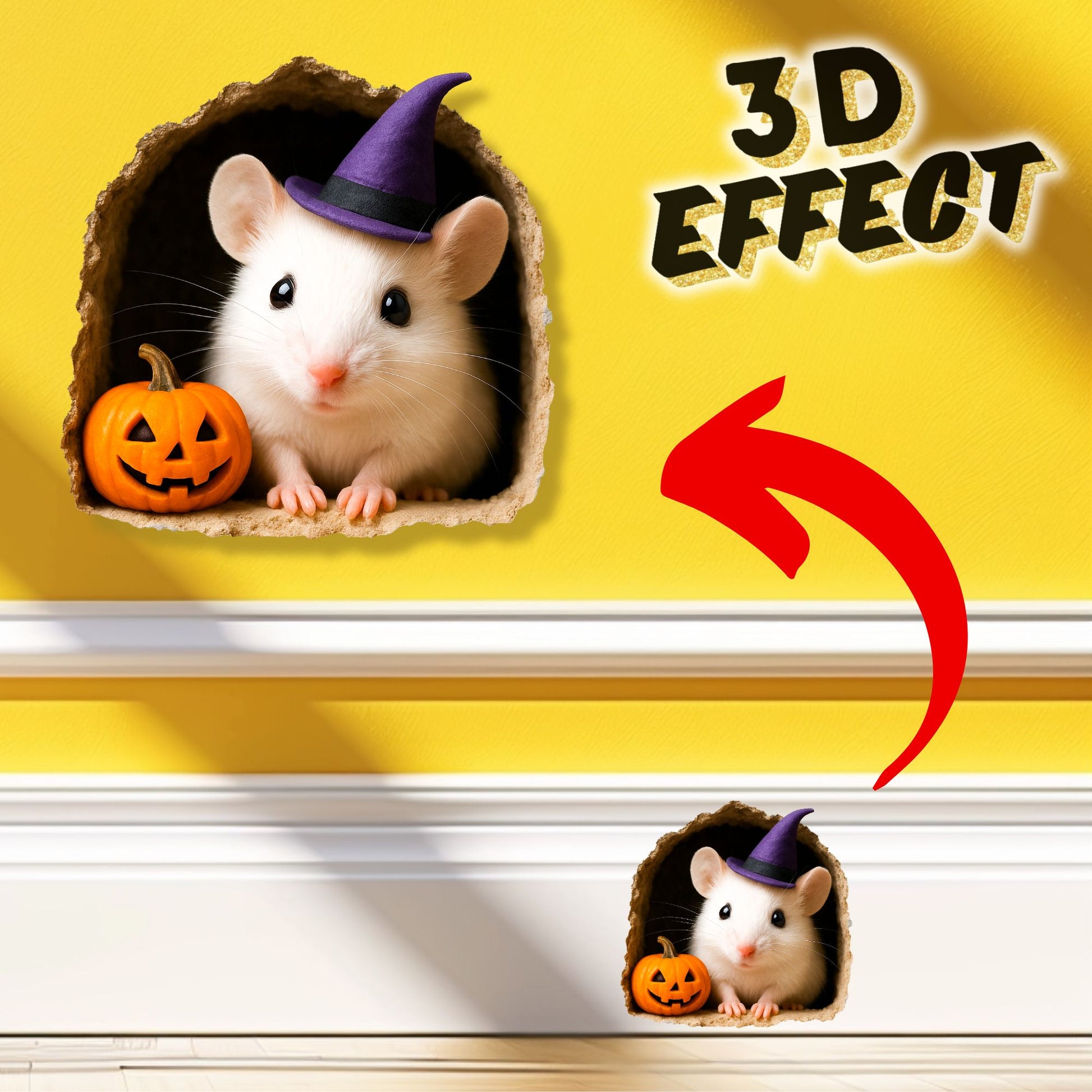 Halloween-themed mouse in a hole with a pumpkin and 3D effect text on a yellow background
