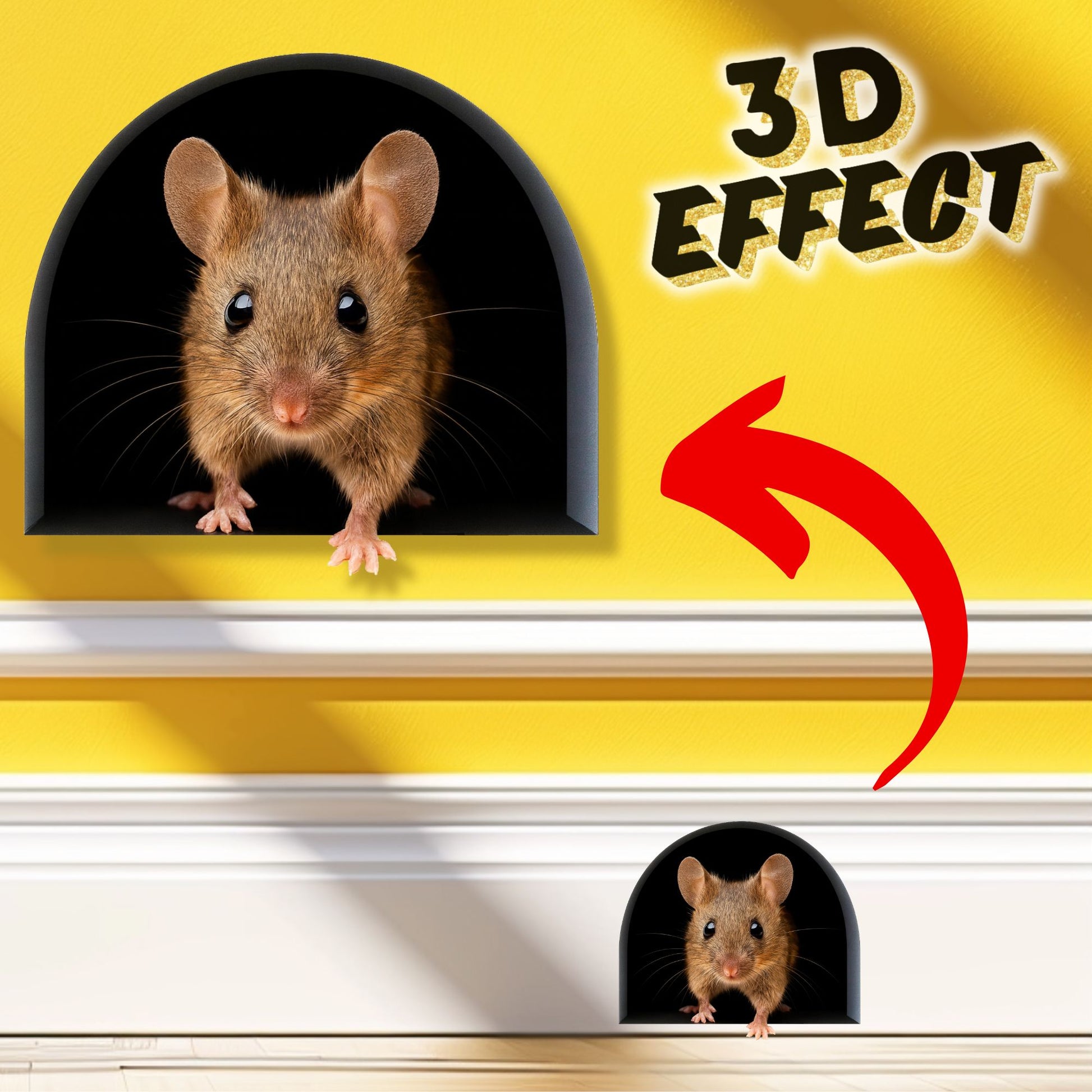 Mouse peeking out from a small hole with '3D Effect' text on a yellow and white background