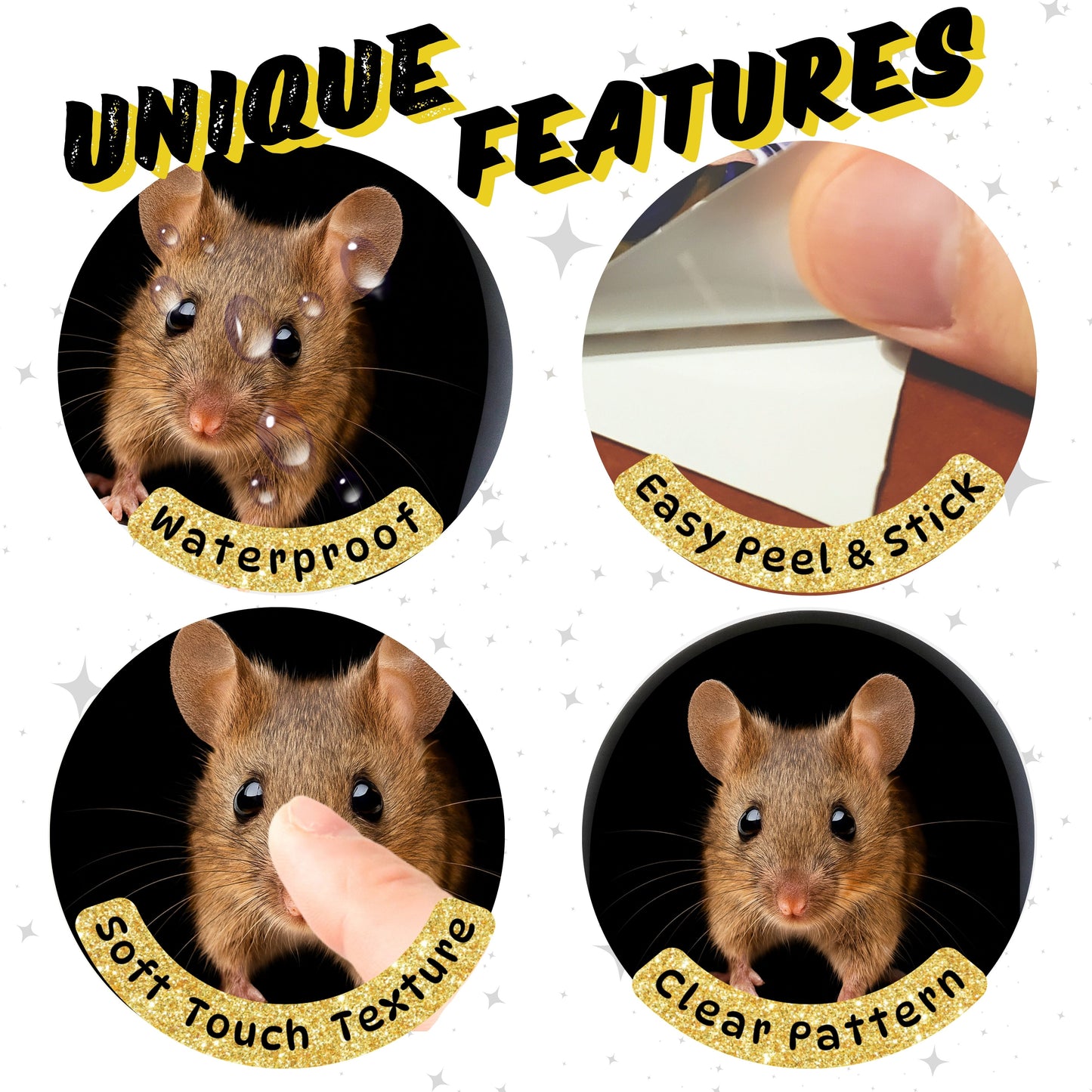 Product features with images of a mouse and text highlighting waterproof, easy peel & stick, soft touch texture, and clear pattern qualities.