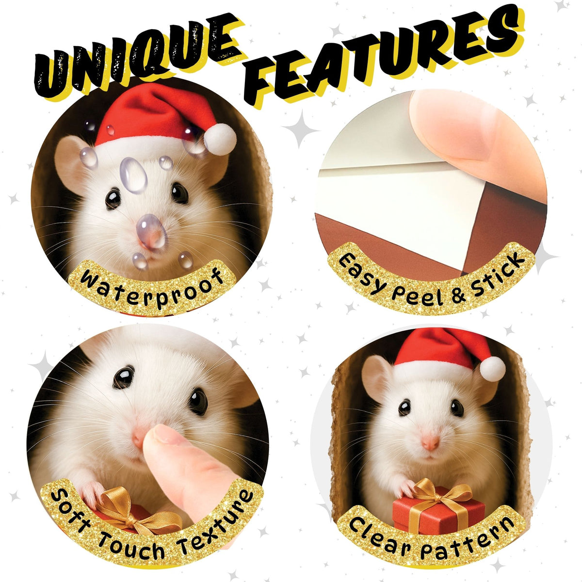 Product features of a rat-shaped item with text on a white background