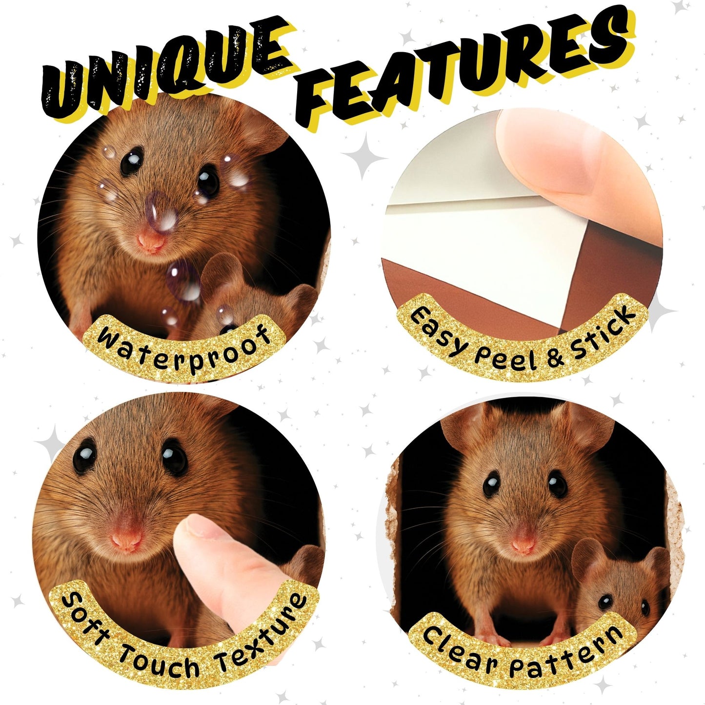 Product features with images of a mouse and text describing unique features like waterproof, easy peel & stick, soft touch texture, and clear pattern.