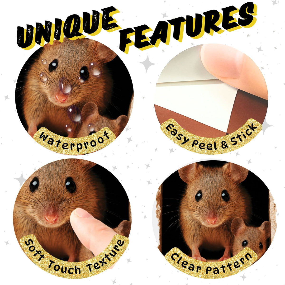 Product features with images of a mouse and text describing unique features like waterproof, easy peel & stick, soft touch texture, and clear pattern.