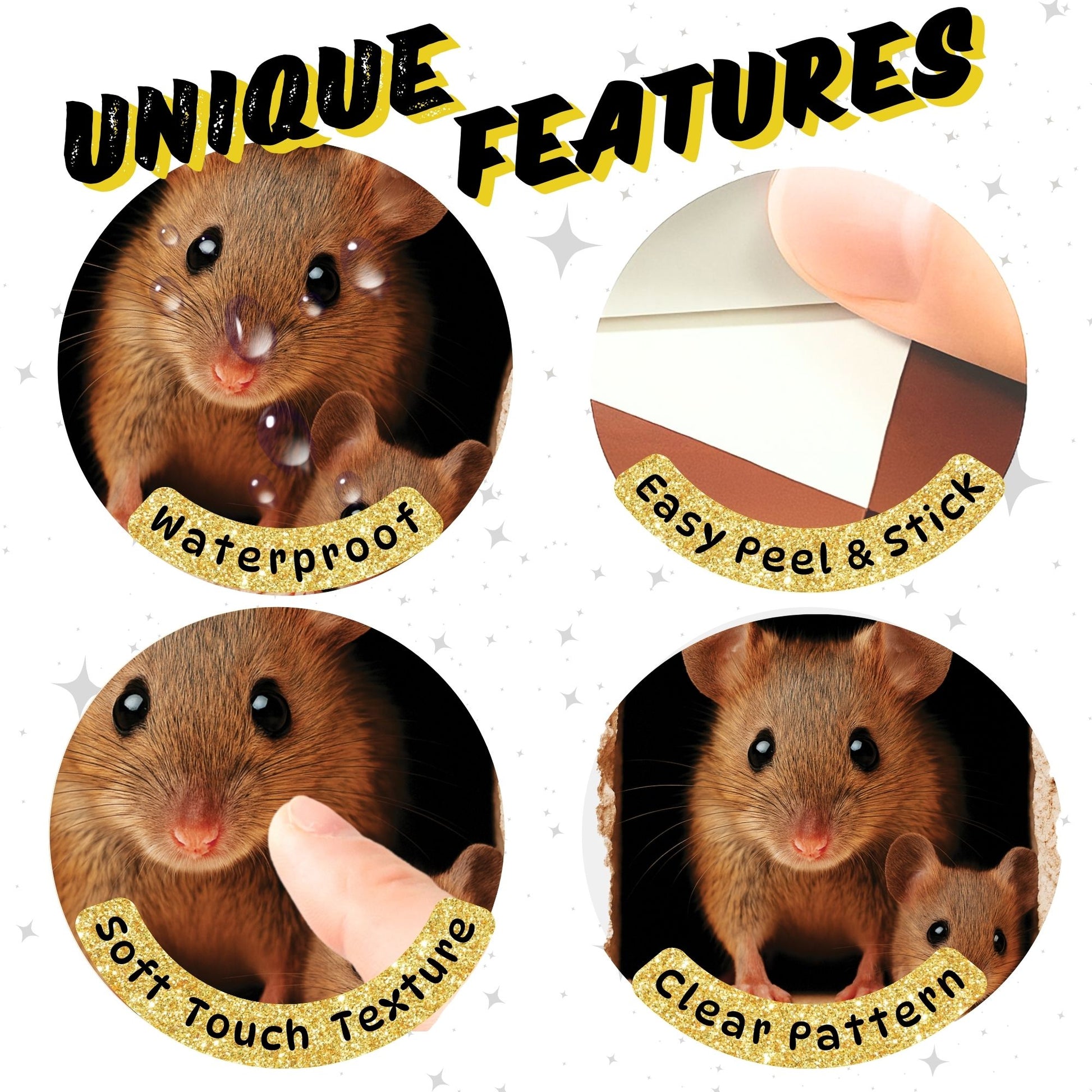Product features with images of a mouse and text describing unique features like waterproof, easy peel & stick, soft touch texture, and clear pattern.