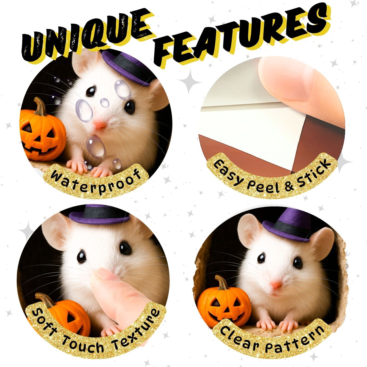 Promotional image of a product with text highlighting unique features, featuring images of a small animal and pumpkins.