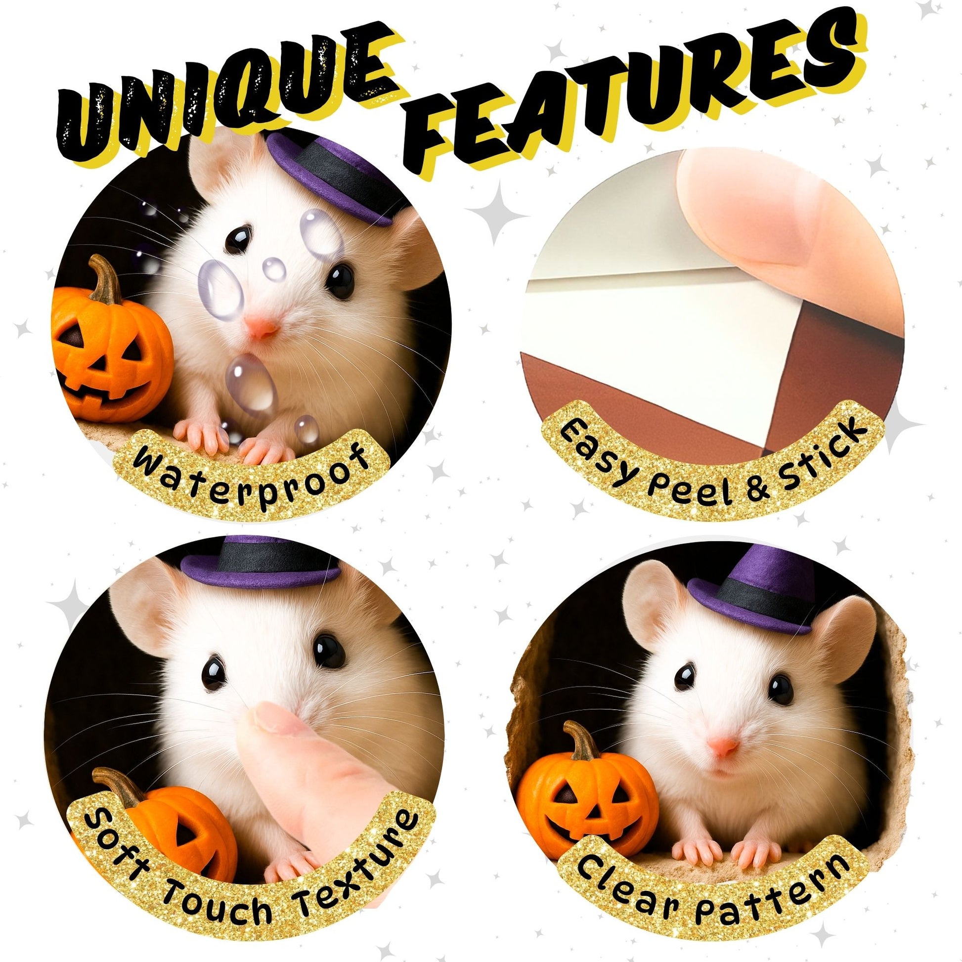Promotional image of a product with text highlighting unique features, featuring images of a small animal and pumpkins.