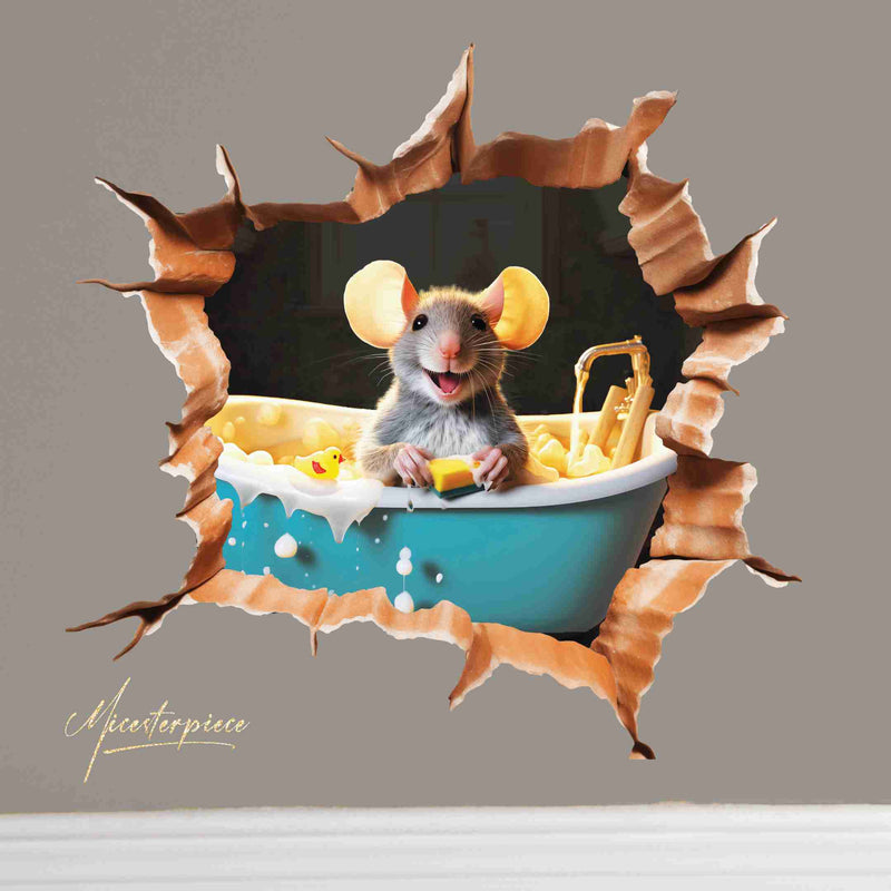 3D vinyl sticker of a mouse reading a book in a bathtub, with a torn-paper-like effect making it look as if the sticker is peeling off the wall.