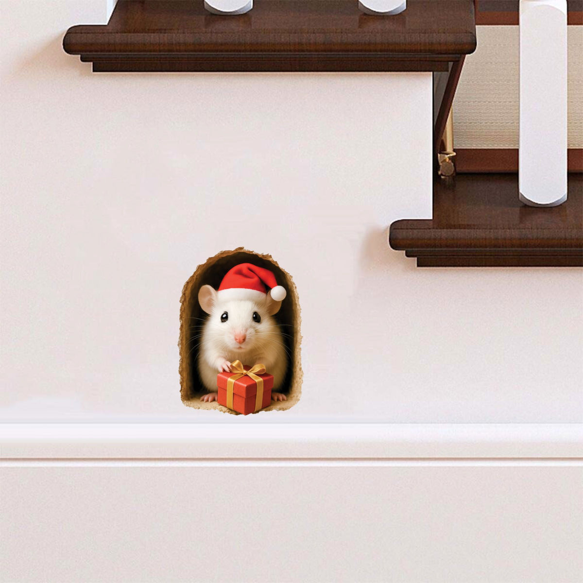 Santa Mouse with Gift 3D Wall Sticker – Holiday Mouse Hole Decal