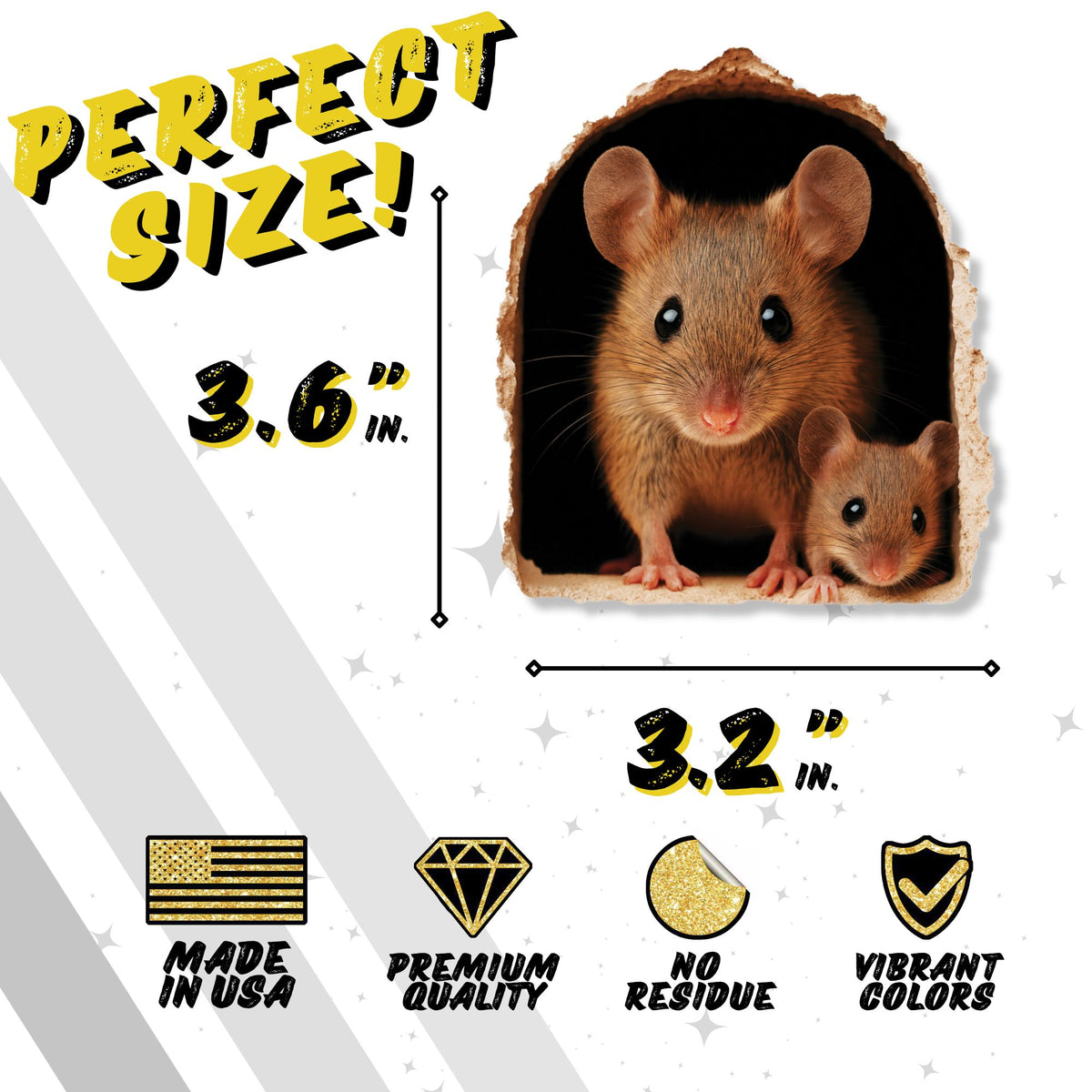 Two mice in a hole with size measurement text and product features on a white background